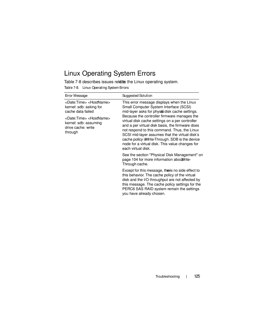 Dell UCP-60, UCP-61, UCC-60 manual Linux Operating System Errors, Describes issues related to the Linux operating system, 125 