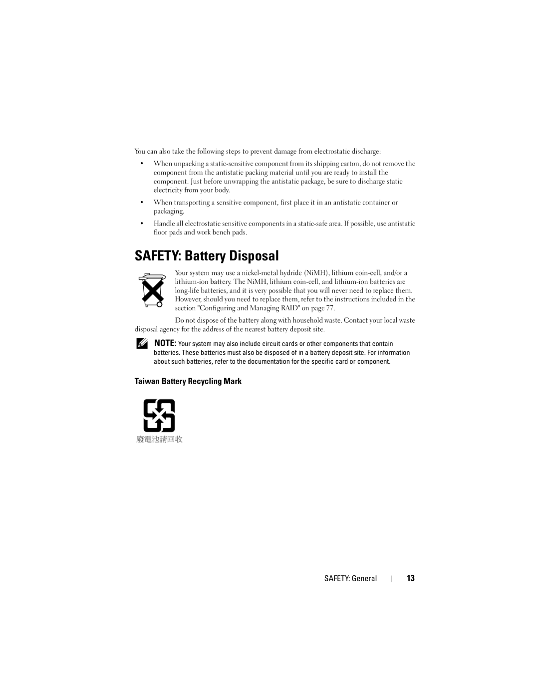 Dell UCC-60, UCP-61, UCP-60 manual Safety Battery Disposal, Taiwan Battery Recycling Mark 