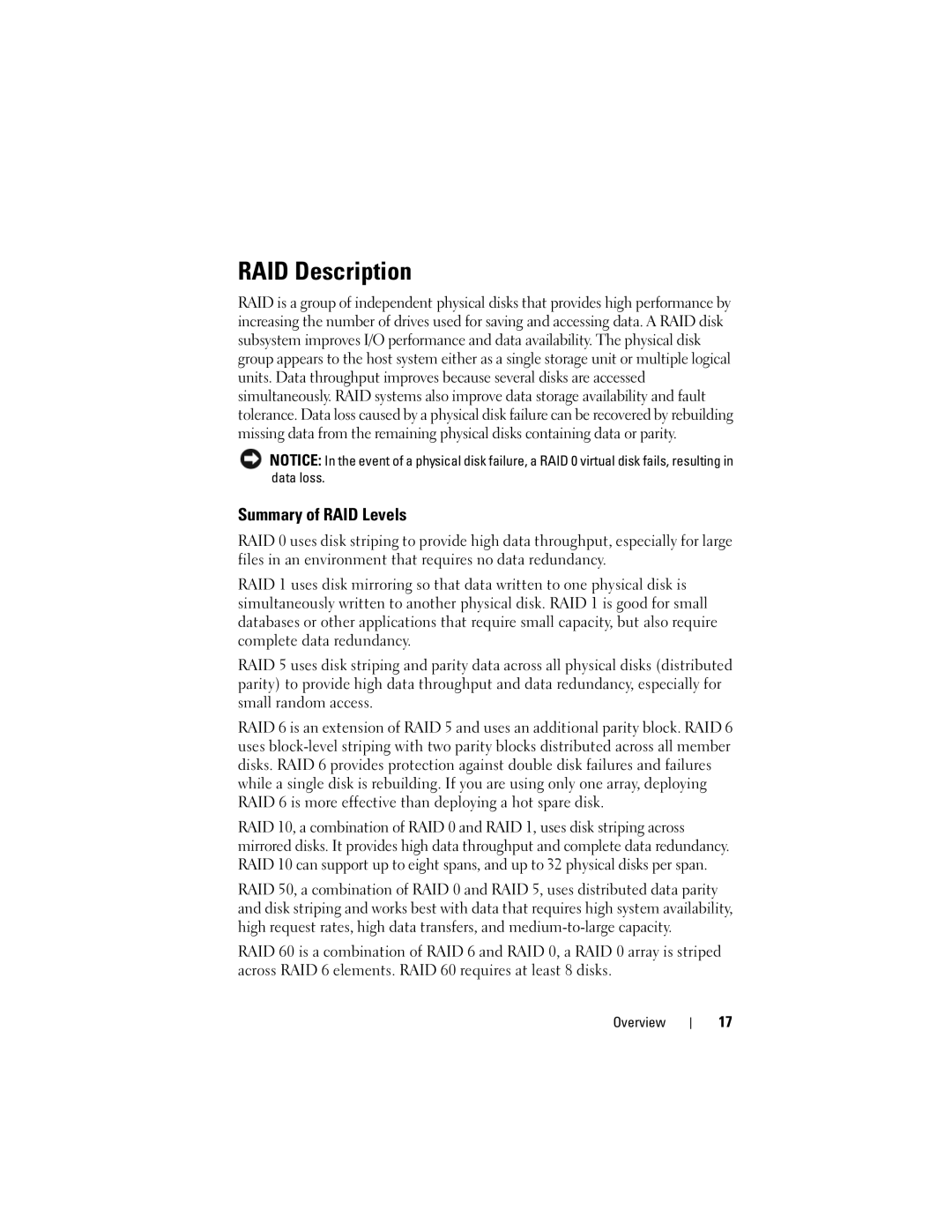 Dell UCP-60, UCP-61, UCC-60 manual RAID Description, Summary of RAID Levels 