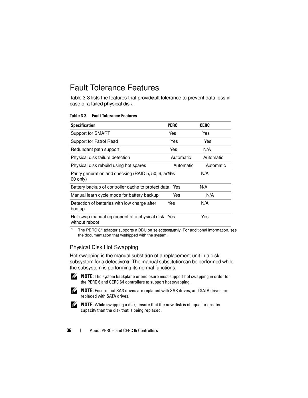 Dell UCP-61, UCC-60, UCP-60 manual Physical Disk Hot Swapping, Fault Tolerance Features Specification 