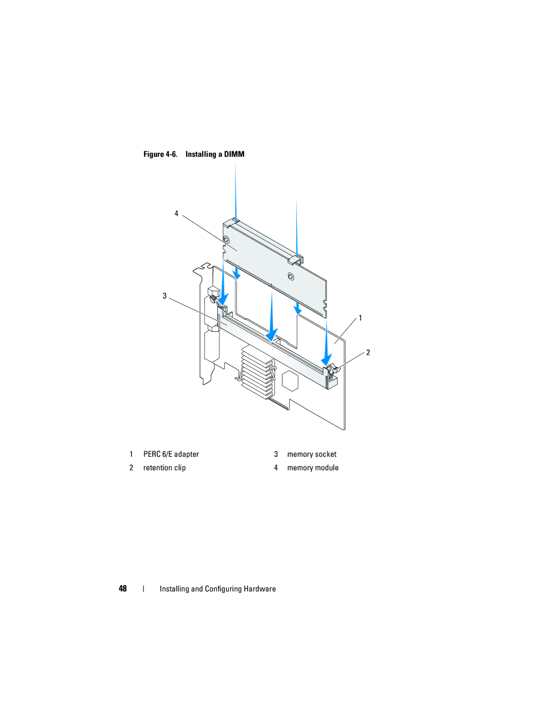 Dell UCP-61, UCC-60, UCP-60 manual Installing a Dimm Perc 6/E adapter, Retention clip 