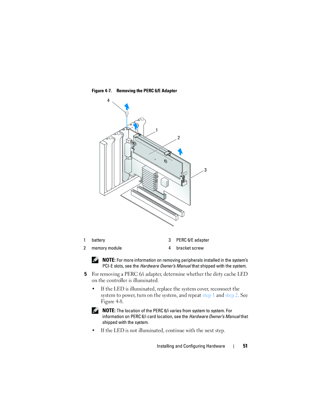 Dell UCP-61, UCC-60, UCP-60 manual Removing the Perc 6/E Adapter Battery, Memory module Bracket screw 