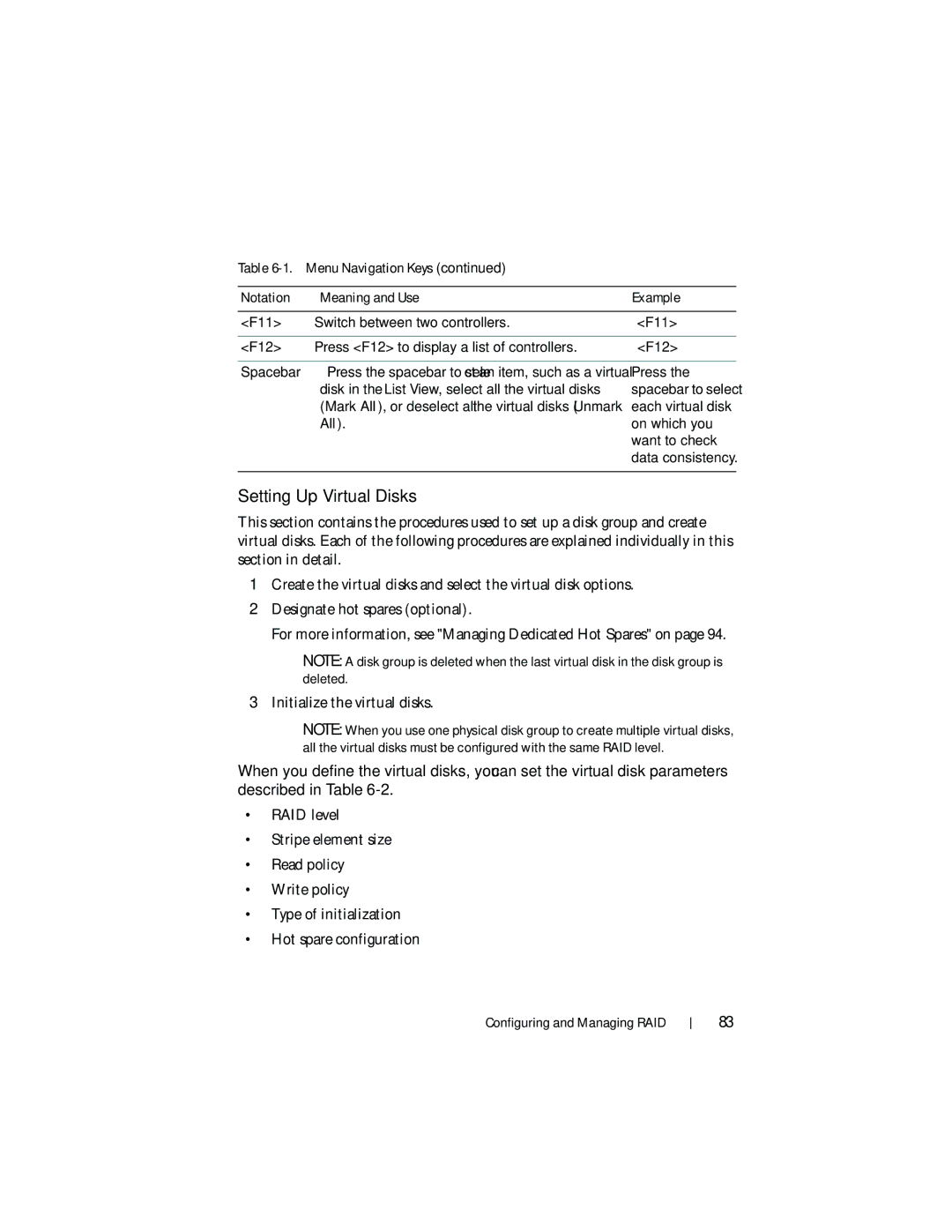 Dell UCP-60 manual Setting Up Virtual Disks, Press, Disk in the List View, select all the virtual disks, Each virtual disk 