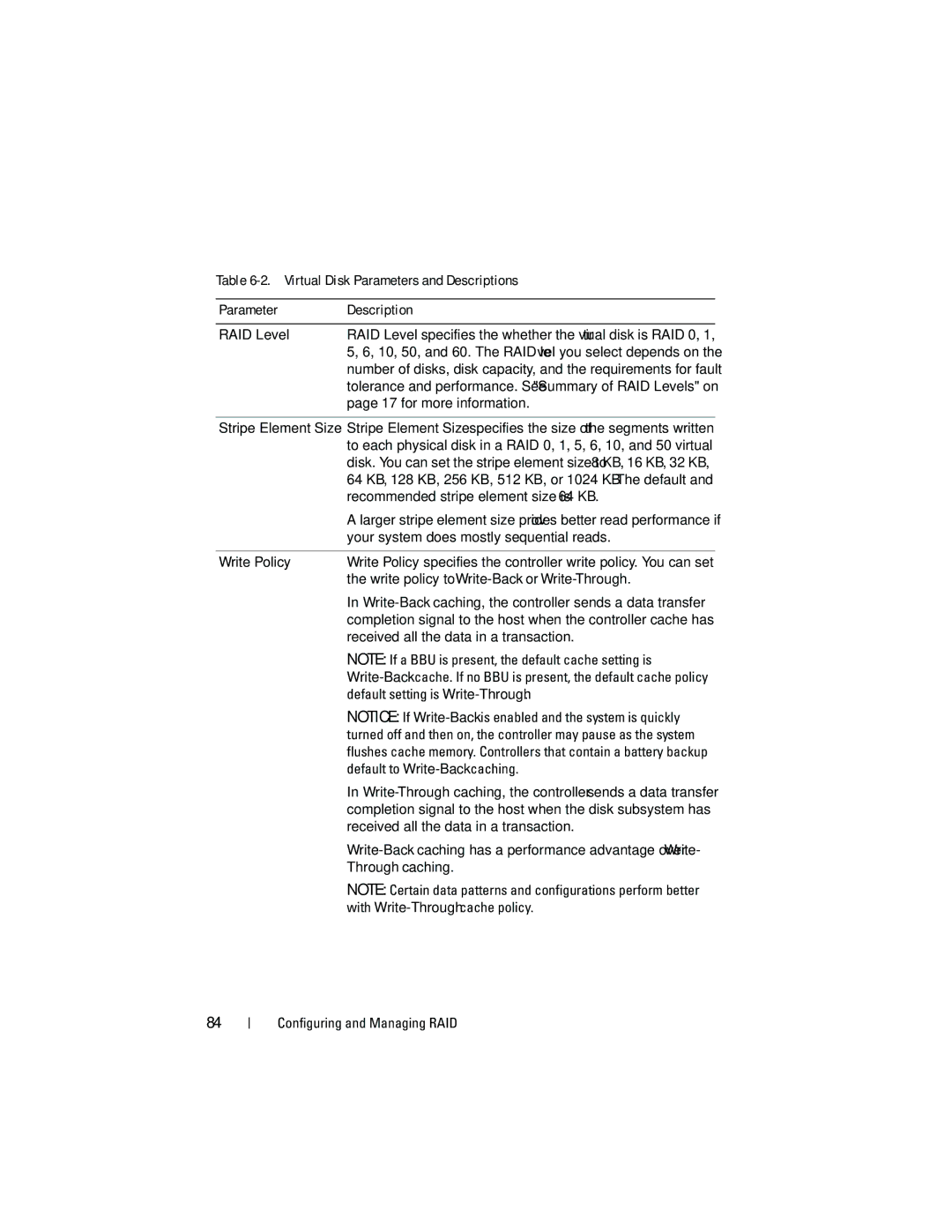 Dell UCP-61 manual Virtual Disk Parameters and Descriptions RAID Level, for more information, Write Policy, Through caching 