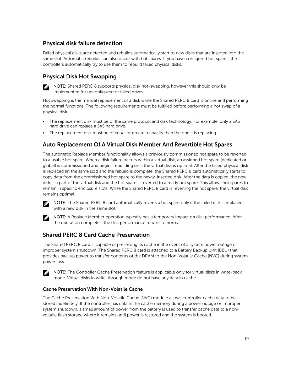 Dell UCPM-800 manual Physical disk failure detection, Physical Disk Hot Swapping, Shared Perc 8 Card Cache Preservation 