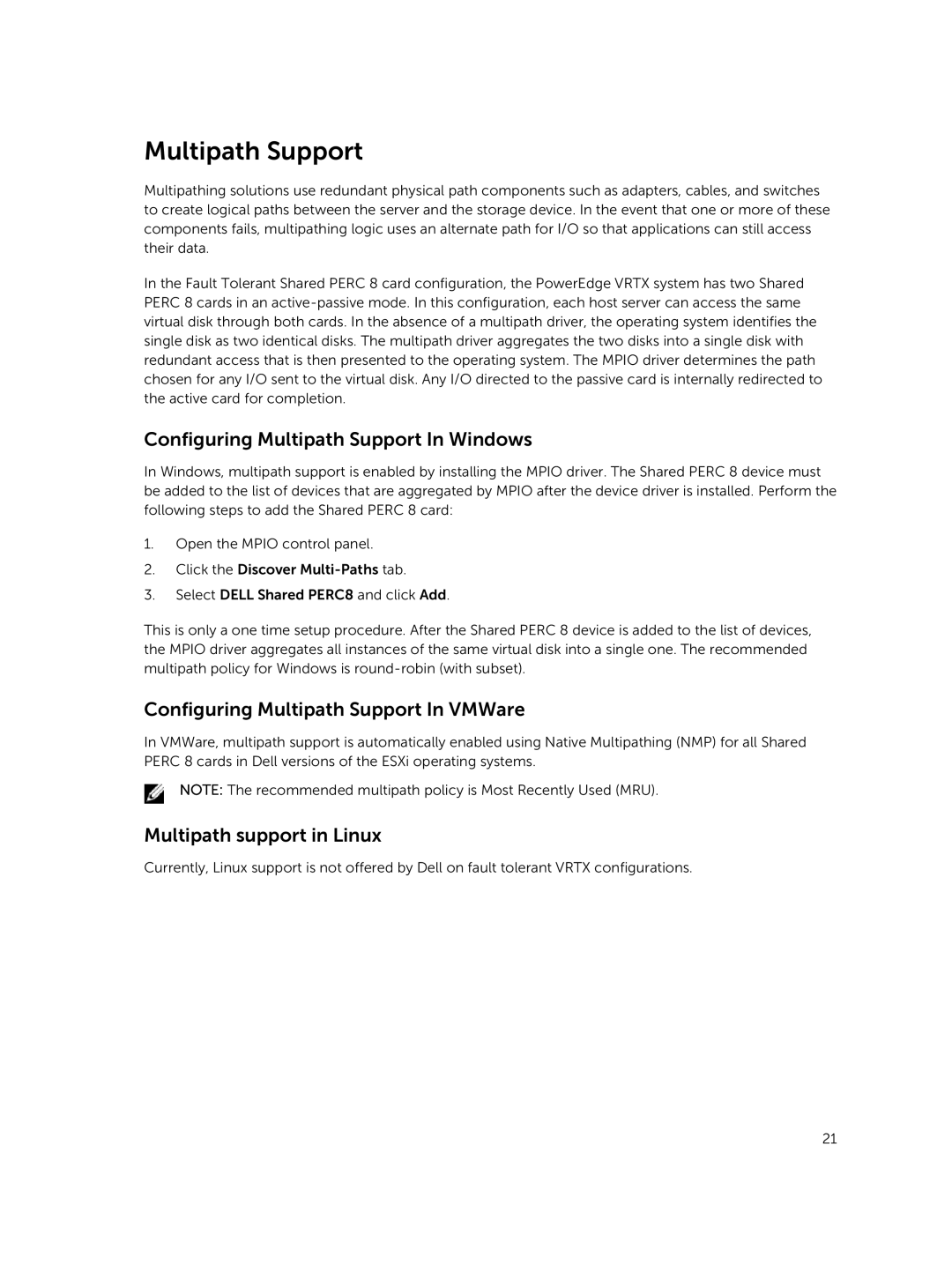 Dell UCPM-800 manual Configuring Multipath Support In Windows, Configuring Multipath Support In VMWare 