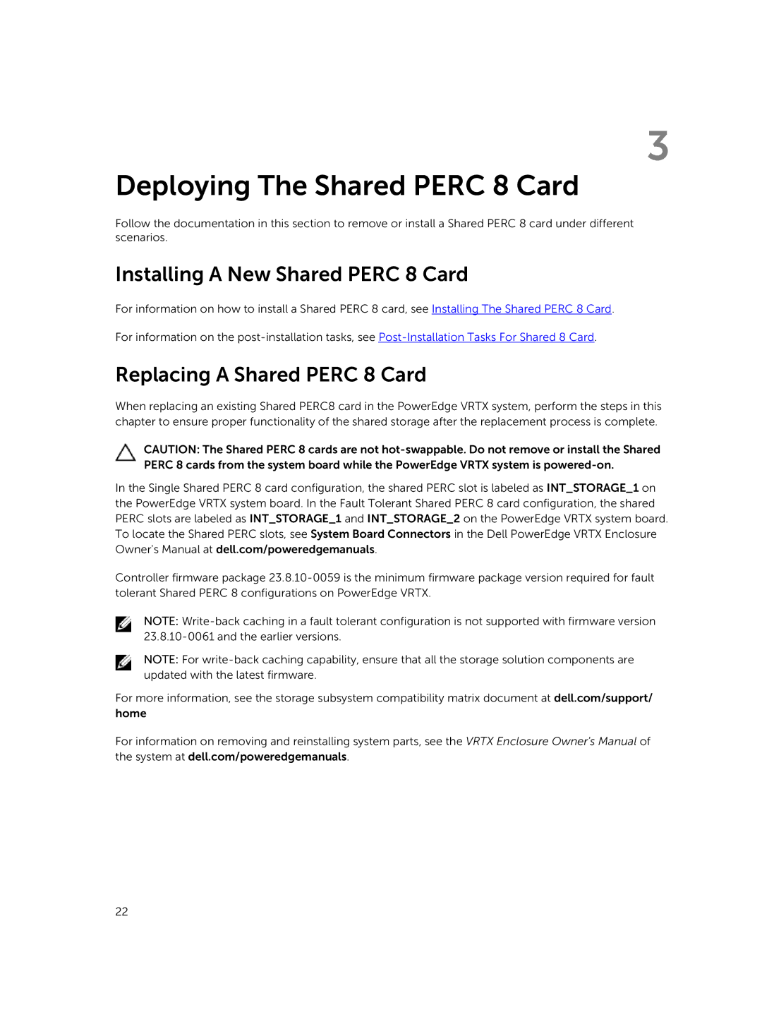 Dell UCPM-800 manual Deploying The Shared Perc 8 Card, Installing a New Shared Perc 8 Card, Replacing a Shared Perc 8 Card 