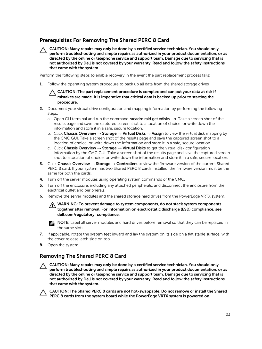 Dell UCPM-800 manual Prerequisites For Removing The Shared Perc 8 Card 