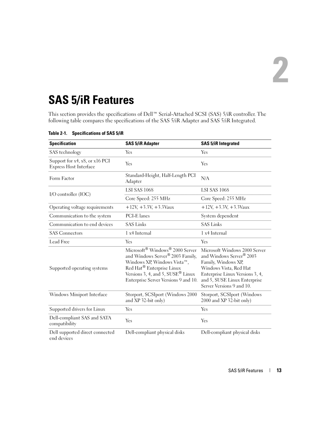 Dell UCS-51 manual SAS 5/iR Features 