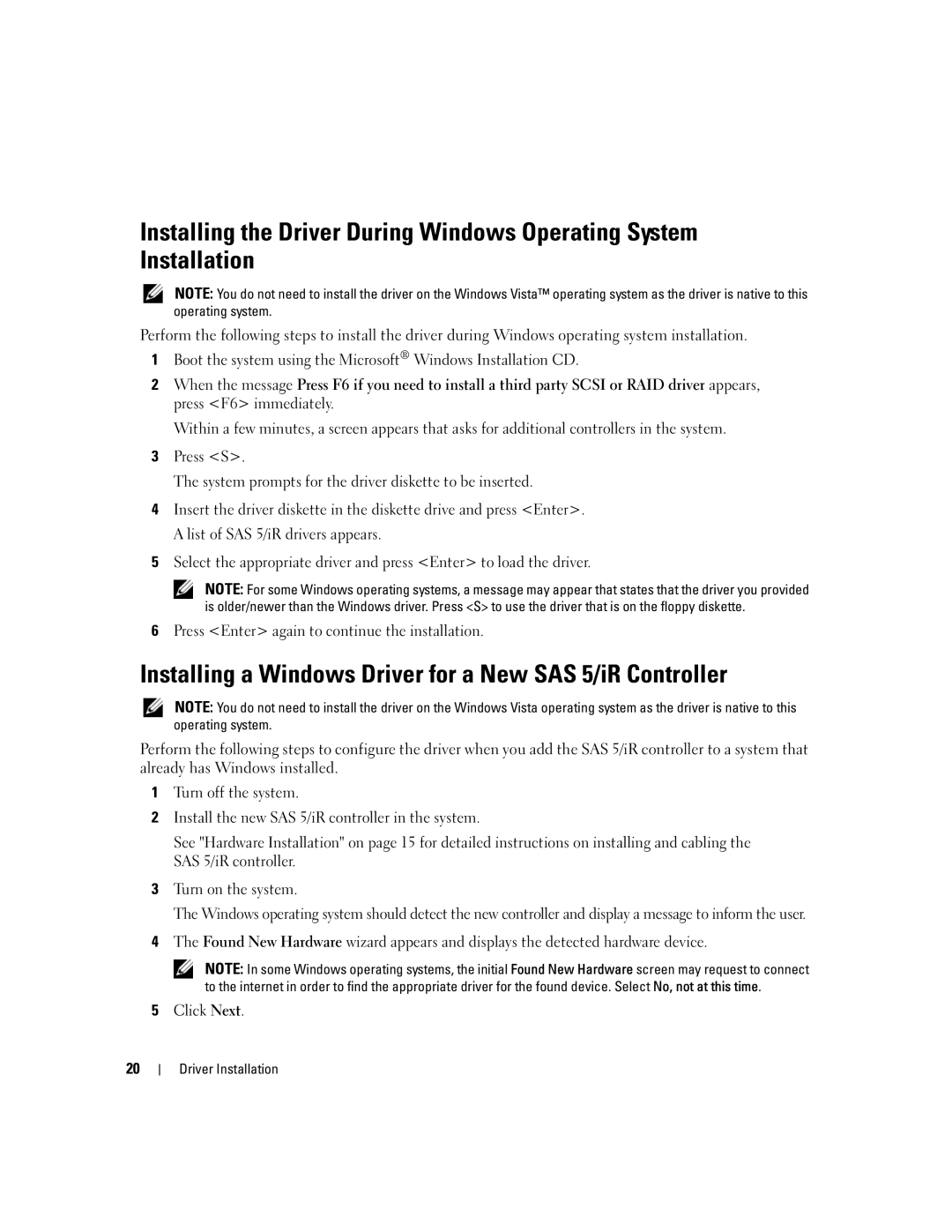 Dell UCS-51 manual Installing a Windows Driver for a New SAS 5/iR Controller 