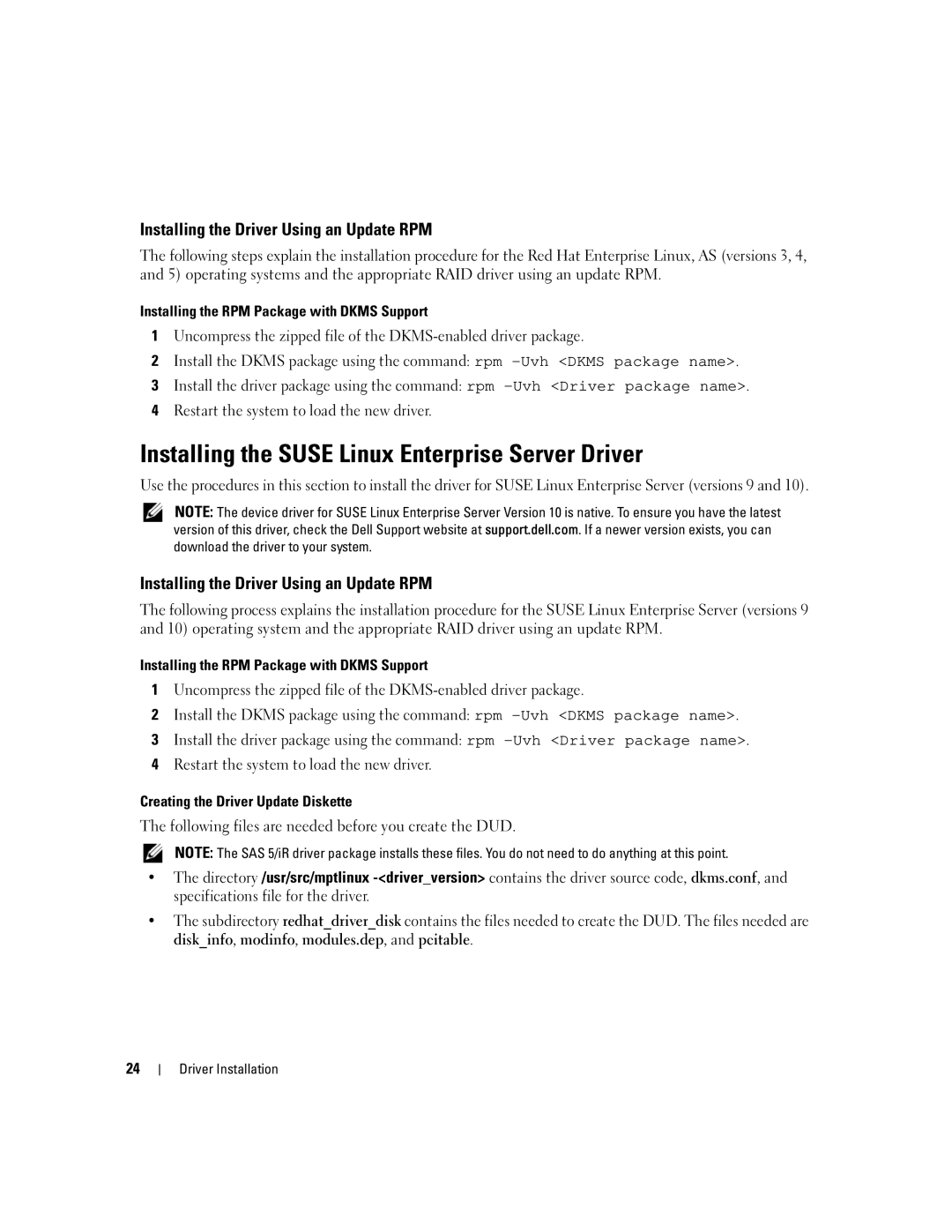 Dell UCS-51 manual Installing the Suse Linux Enterprise Server Driver, Installing the Driver Using an Update RPM 