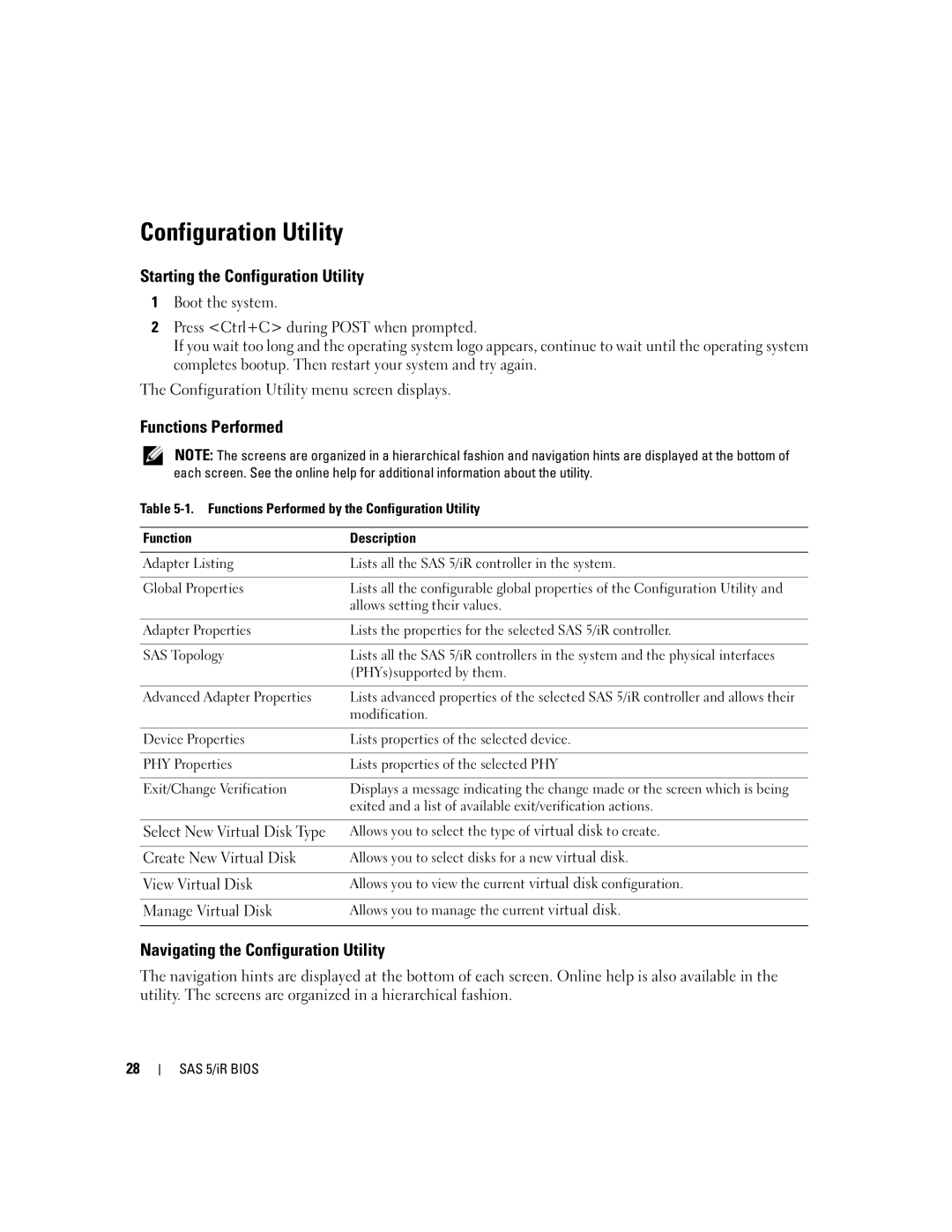 Dell UCS-51 manual Starting the Configuration Utility, Functions Performed, Navigating the Configuration Utility 