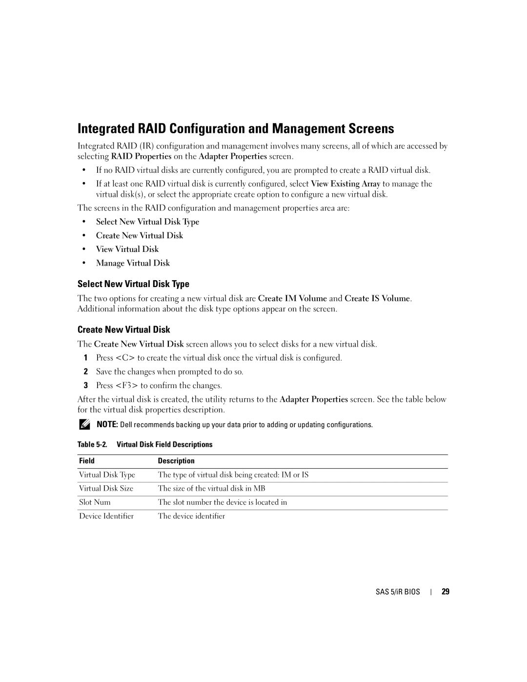 Dell UCS-51 Integrated RAID Configuration and Management Screens, Select New Virtual Disk Type, Create New Virtual Disk 