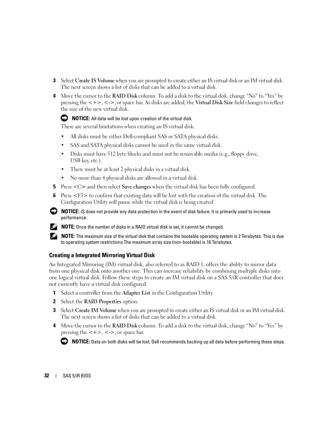 Dell UCS-51 manual Creating a Integrated Mirroring Virtual Disk 