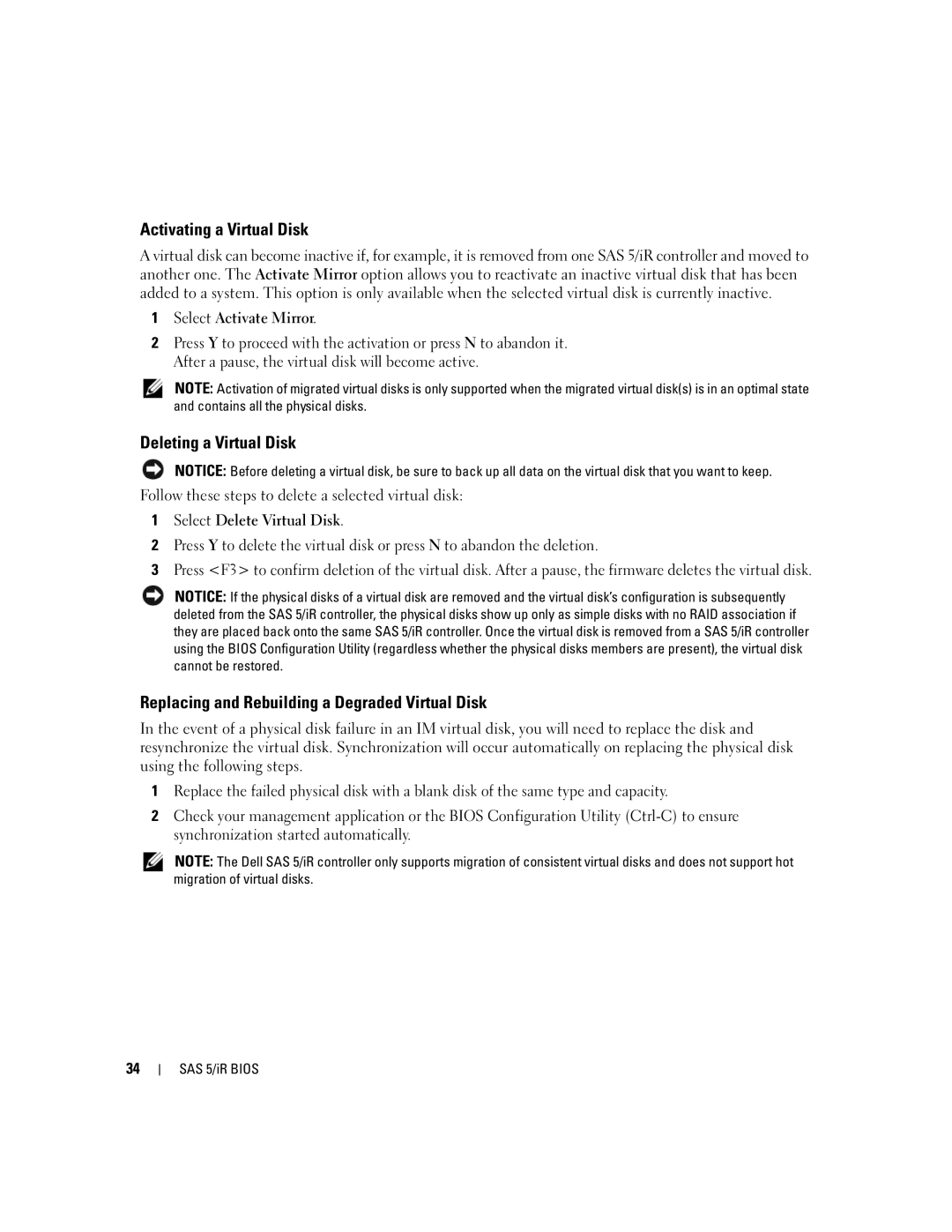 Dell UCS-51 manual Activating a Virtual Disk, Deleting a Virtual Disk, Replacing and Rebuilding a Degraded Virtual Disk 