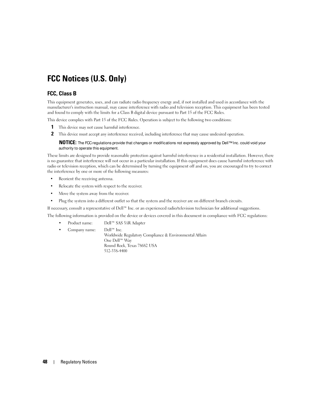 Dell UCS-51 manual FCC Notices U.S. Only, FCC, Class B 