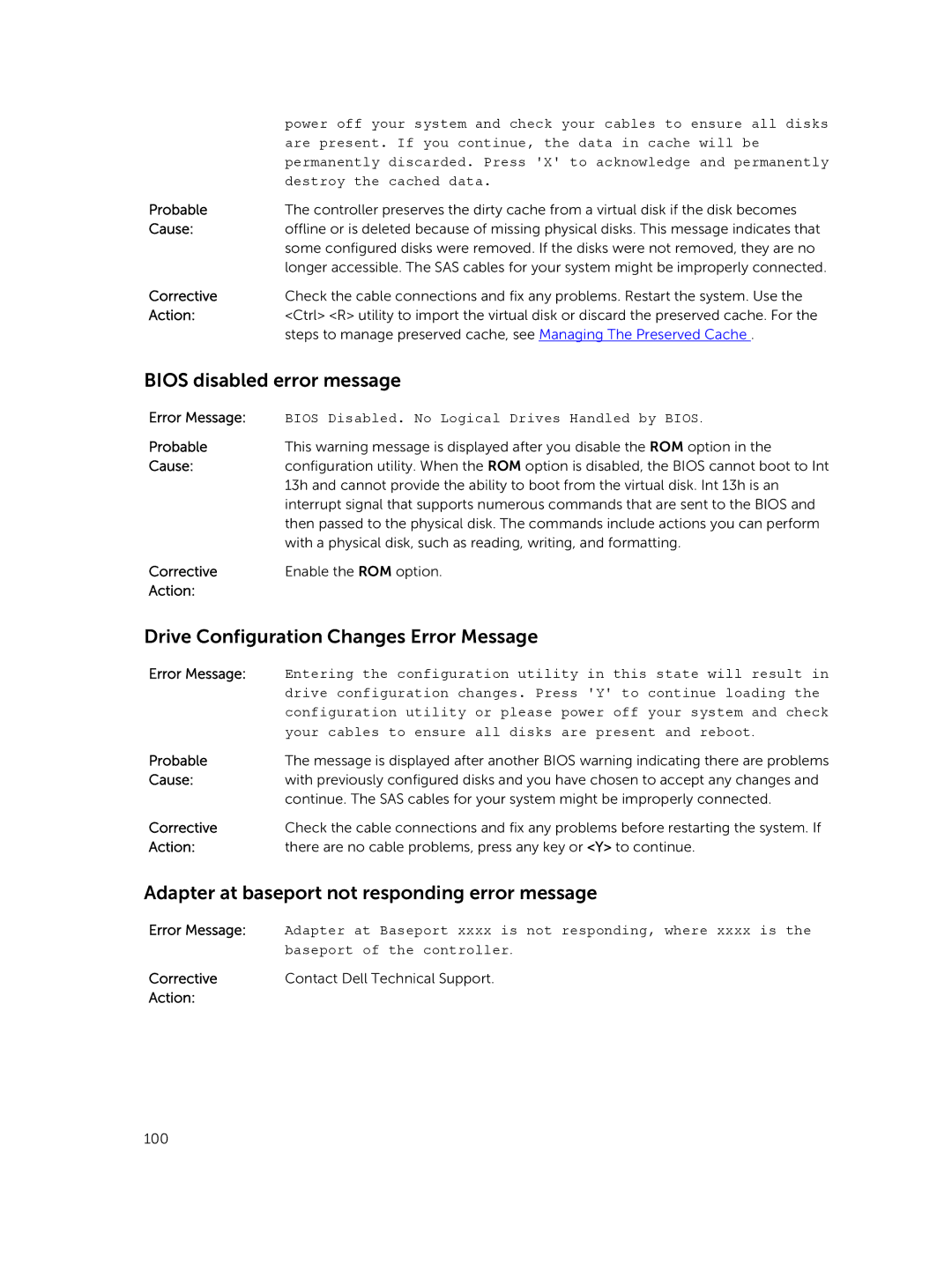 Dell UCPB-900, UCSE-900, UCSA-901, UCPA-901, UCSB-900 Bios disabled error message, Drive Configuration Changes Error Message 