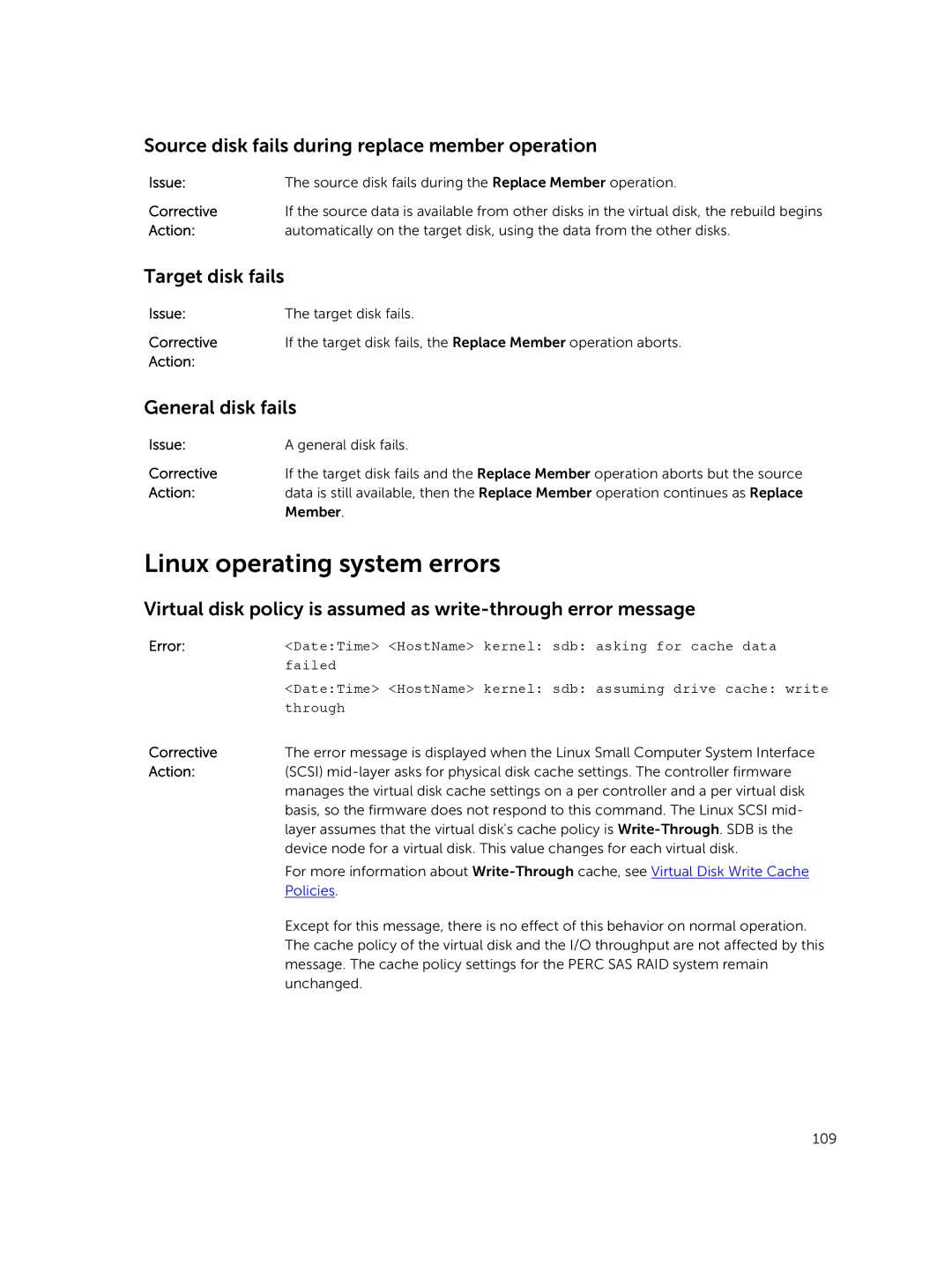 Dell UCSA-901 manual Linux operating system errors, Source disk fails during replace member operation, Target disk fails 