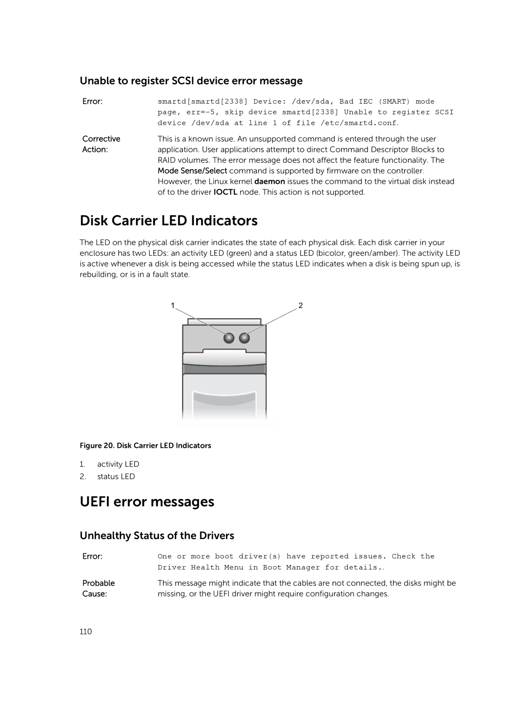 Dell UCPA-901, UCSE-900 Disk Carrier LED Indicators, Uefi error messages, Unable to register Scsi device error message 