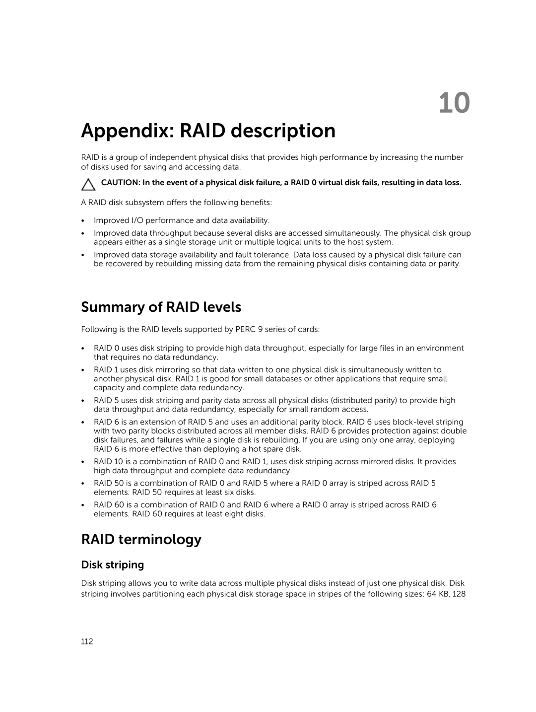 Dell UCPB-900, UCSE-900, UCSA-901 manual Appendix RAID description, Summary of RAID levels, RAID terminology, Disk striping 