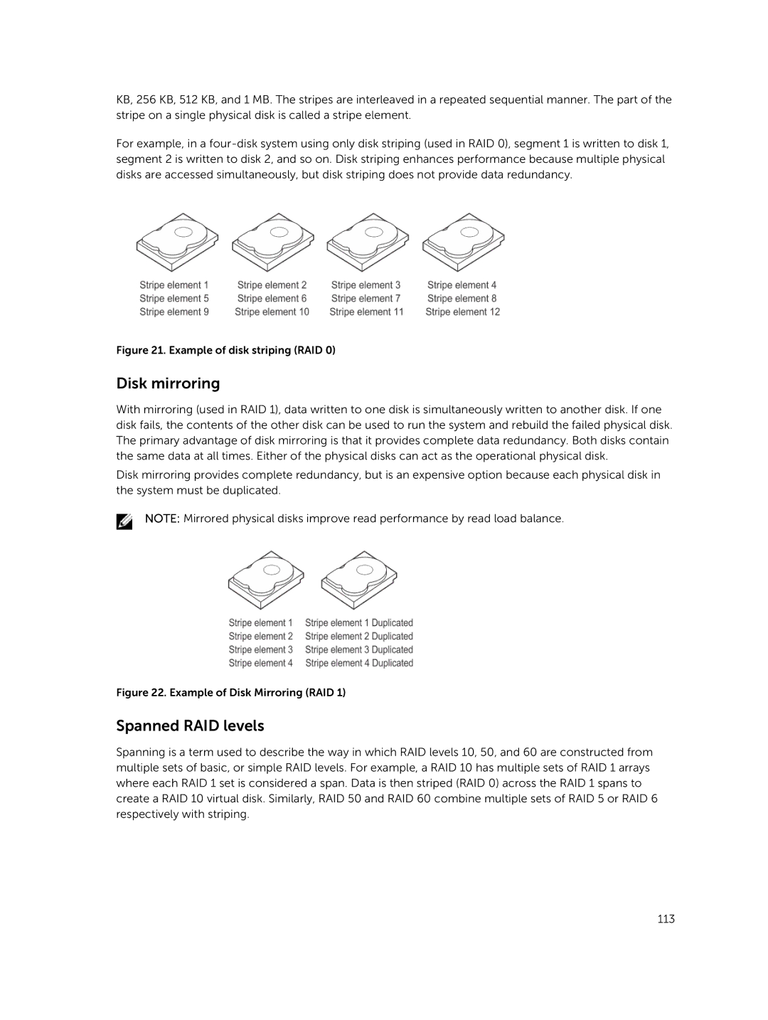 Dell and UCPE-900, UCSE-900, UCSA-901, UCPA-901, UCSB-900, UCPB-900 manual Disk mirroring, Spanned RAID levels 