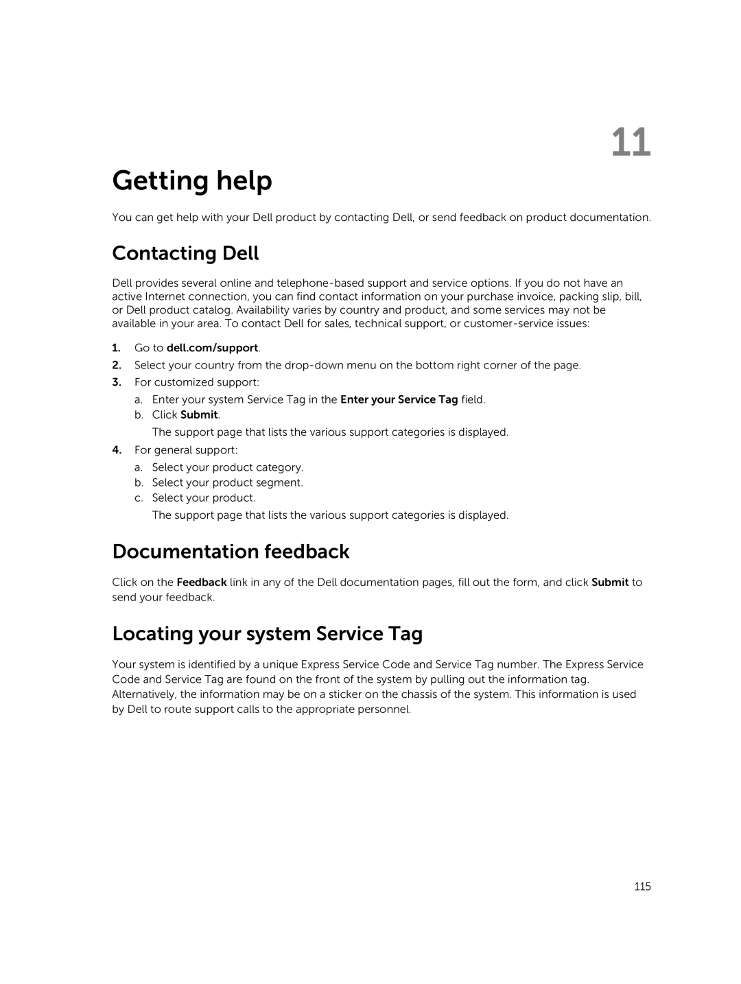 Dell UCSA-901, UCSE-900, UCPA-901 Getting help, Contacting Dell, Documentation feedback, Locating your system Service Tag 