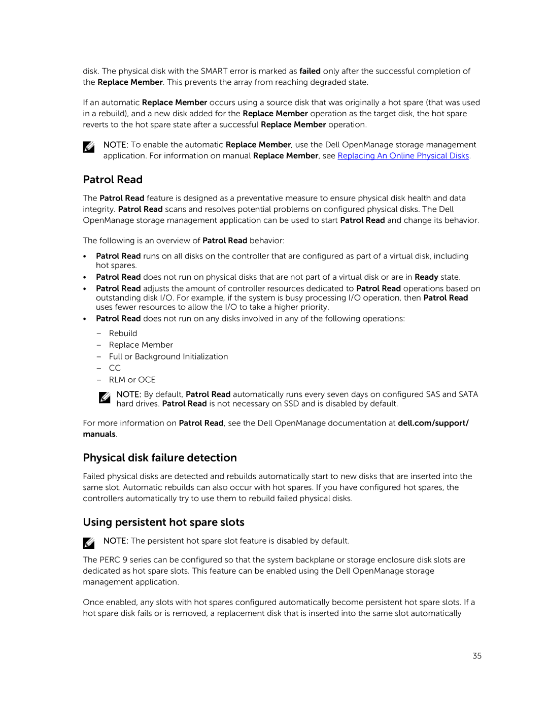 Dell and UCPE-900, UCSE-900, UCSA-901 manual Patrol Read, Physical disk failure detection, Using persistent hot spare slots 