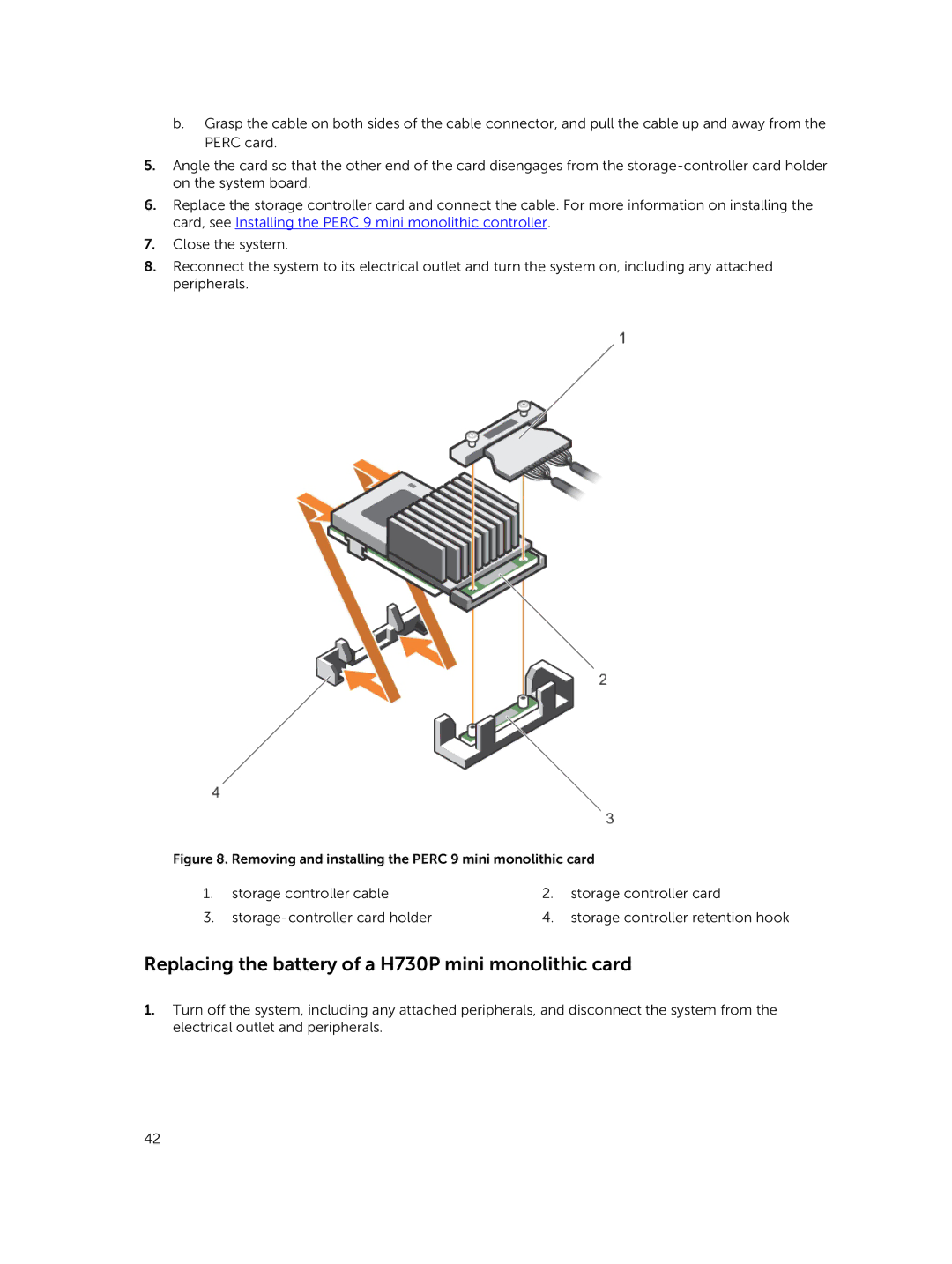 Dell UCSE-900, UCSA-901, UCPA-901, UCSB-900, UCPB-900, and UCPE-900 manual Replacing the battery of a H730P mini monolithic card 