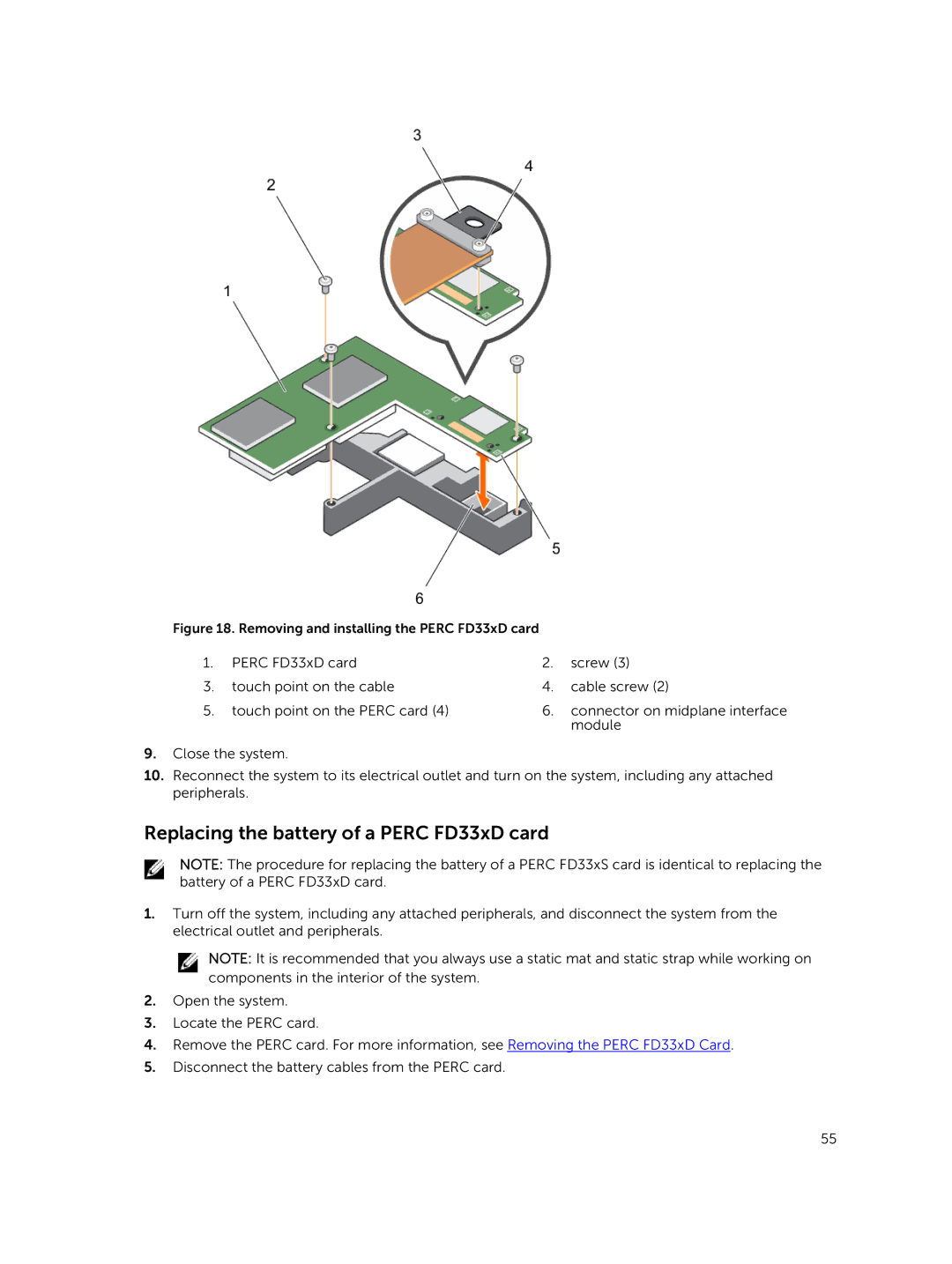 Dell UCSA-901, UCSE-900, UCPA-901 Replacing the battery of a Perc FD33xD card, Removing and installing the Perc FD33xD card 