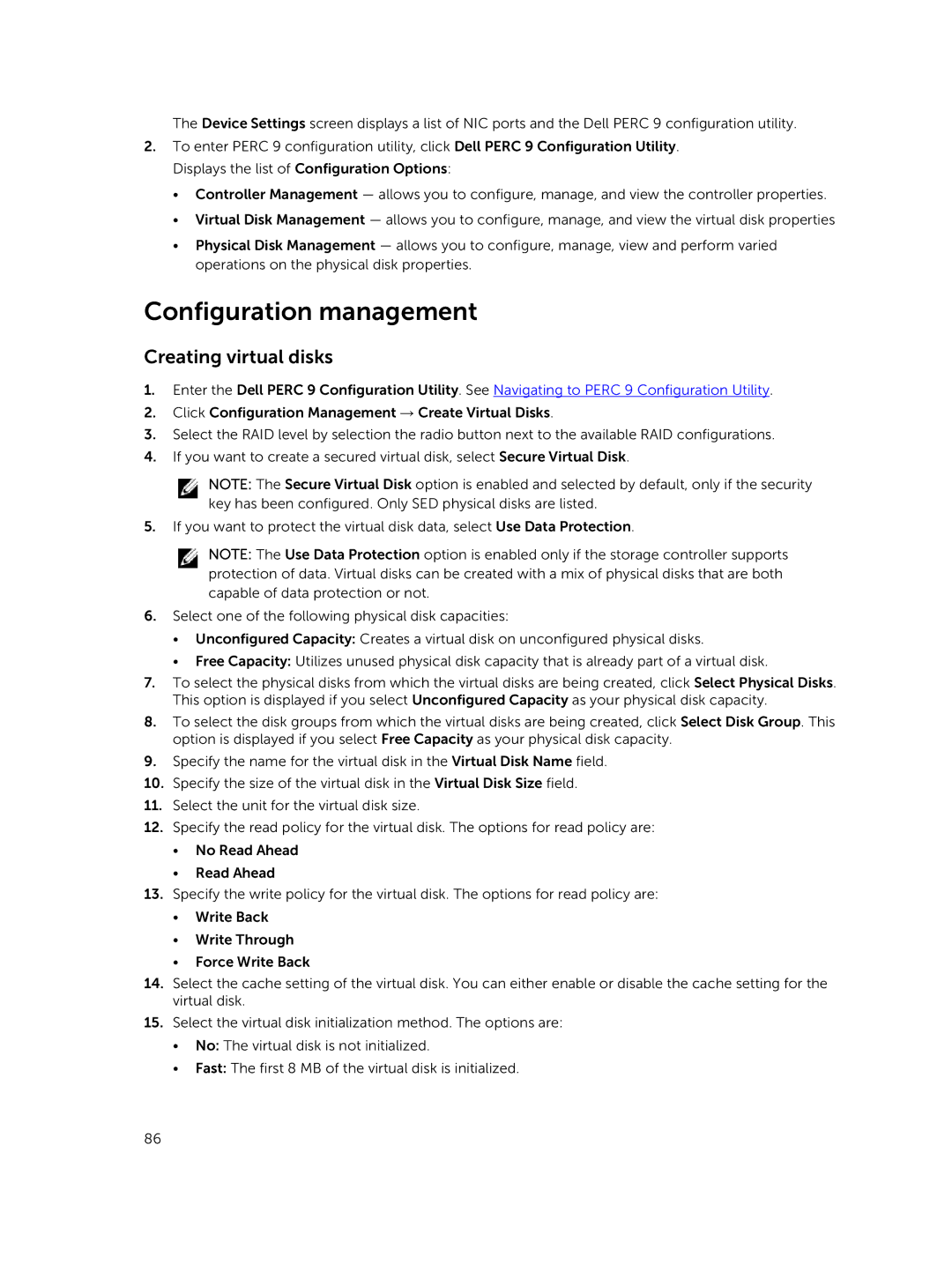 Dell UCPA-901, UCSE-900, UCSA-901, UCSB-900, UCPB-900, and UCPE-900 manual Configuration management, Creating virtual disks 