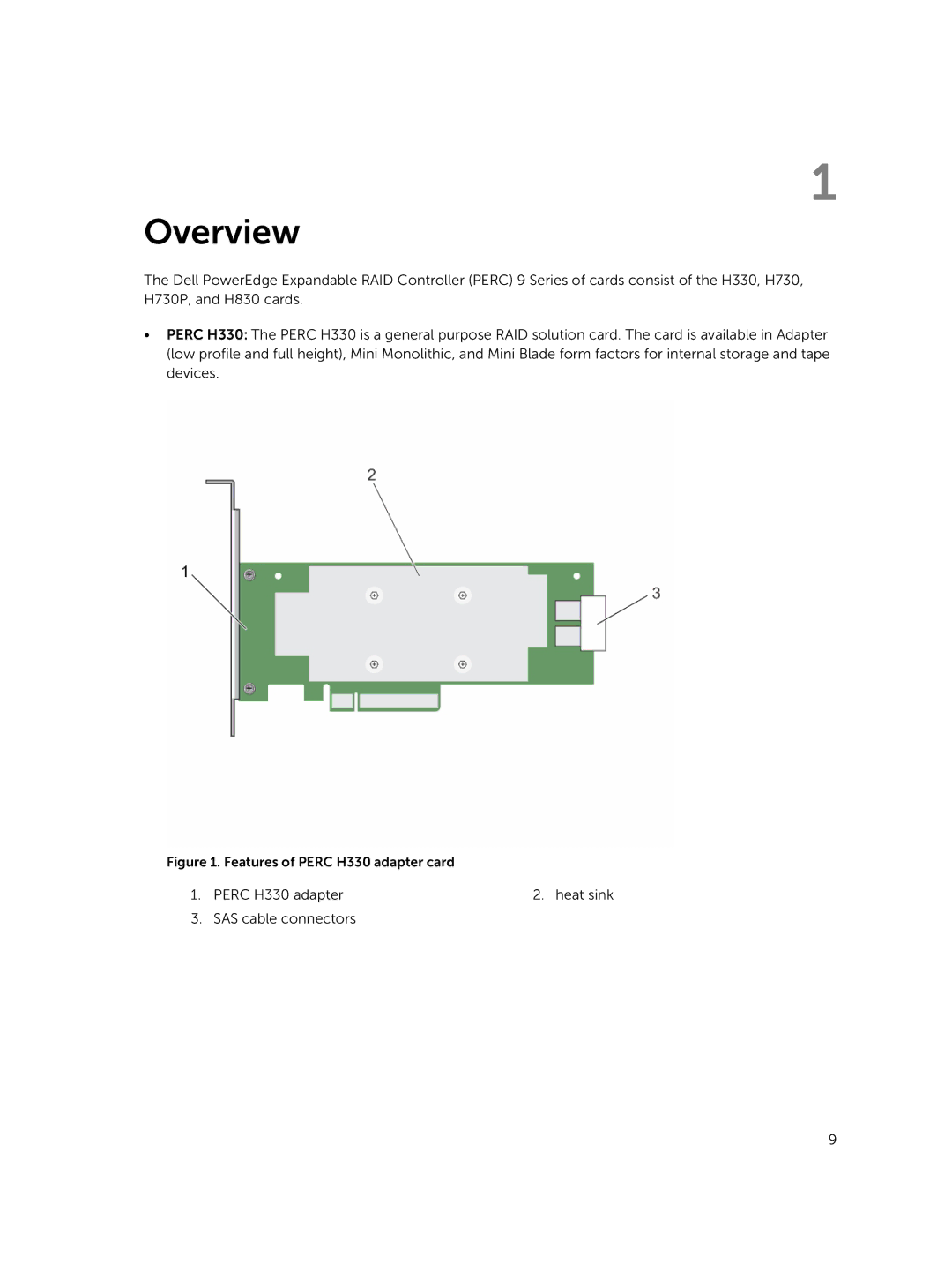 Dell UCSB-900, UCSE-900, UCSA-901, UCPA-901, UCPB-900, and UCPE-900 manual Overview, Features of Perc H330 adapter card 