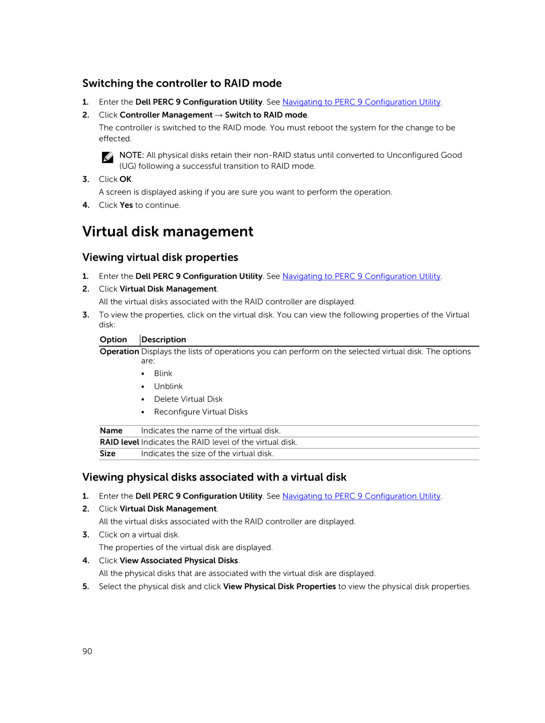 Dell UCSE-900, UCSA-901, UCPA-901, UCSB-900, UCPB-900 Switching the controller to RAID mode, Viewing virtual disk properties 