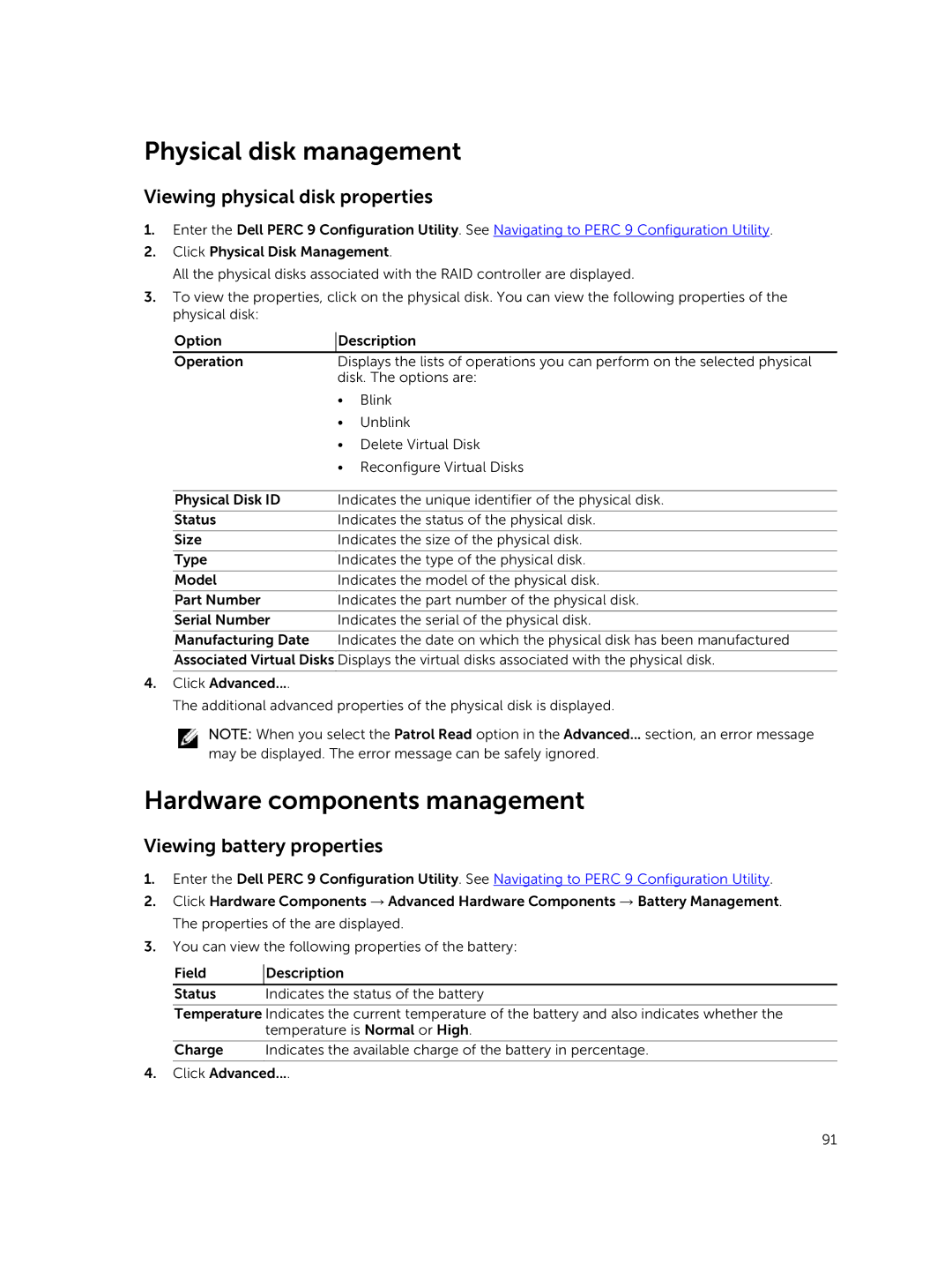 Dell UCSA-901, UCSE-900 manual Hardware components management, Viewing physical disk properties, Viewing battery properties 