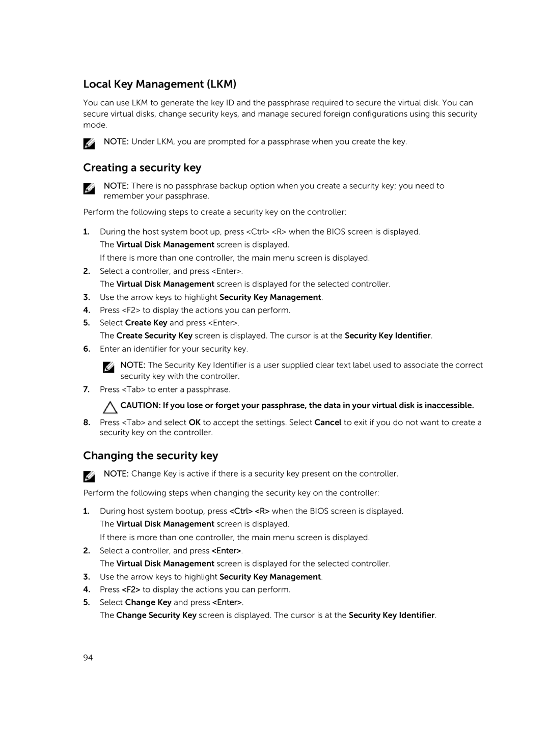 Dell UCPB-900, UCSE-900, UCSA-901, UCPA-901 Local Key Management LKM, Creating a security key, Changing the security key 