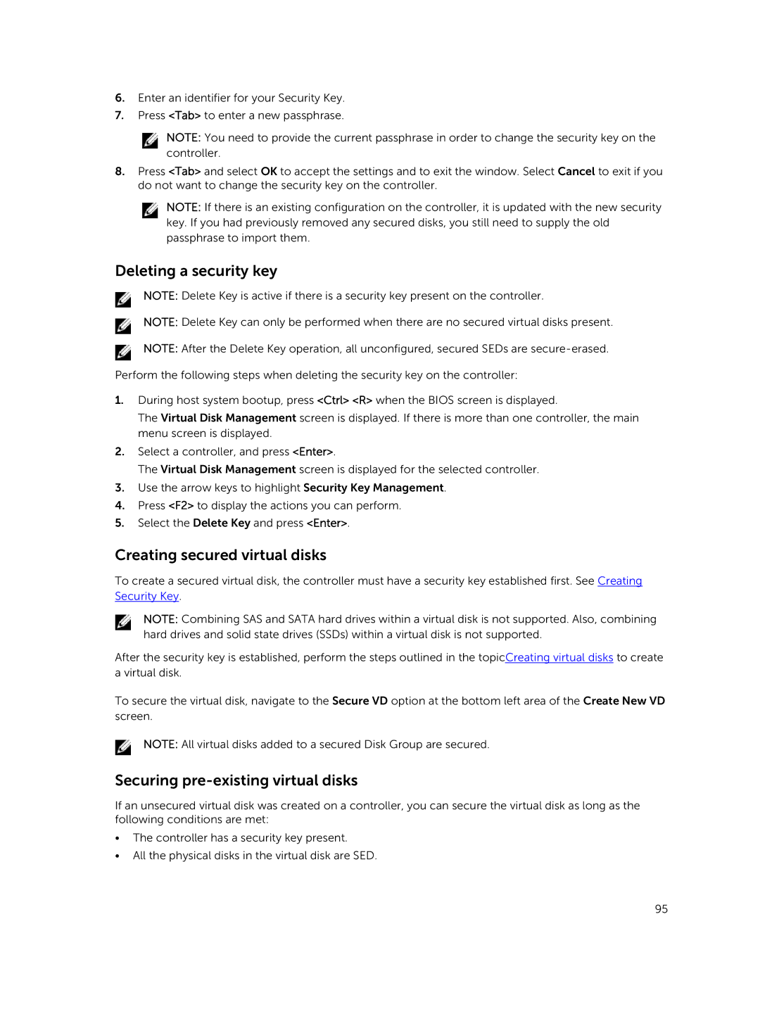 Dell and UCPE-900, UCSE-900 Deleting a security key, Creating secured virtual disks, Securing pre-existing virtual disks 