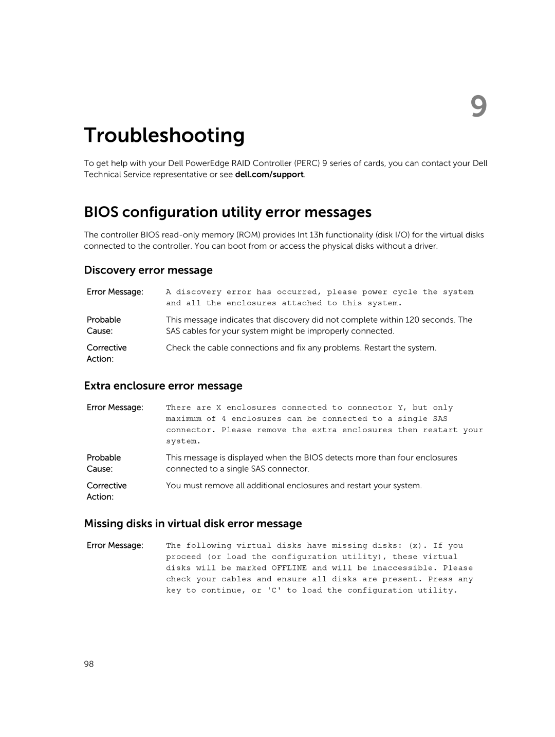 Dell UCPA-901, UCSE-900, UCSA-901 manual Troubleshooting, Bios configuration utility error messages, Discovery error message 