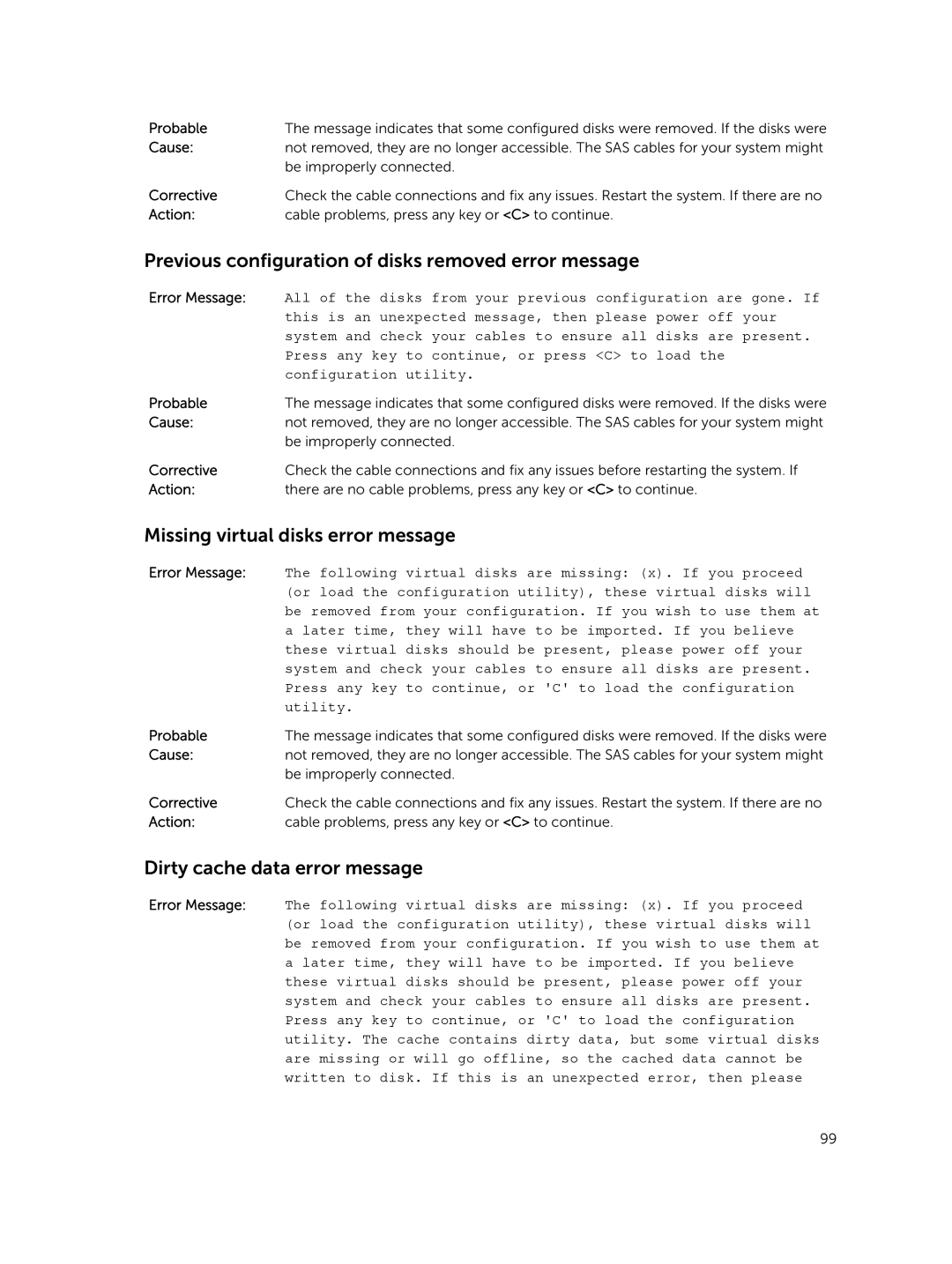 Dell UCSB-900, UCSE-900 manual Previous configuration of disks removed error message, Missing virtual disks error message 