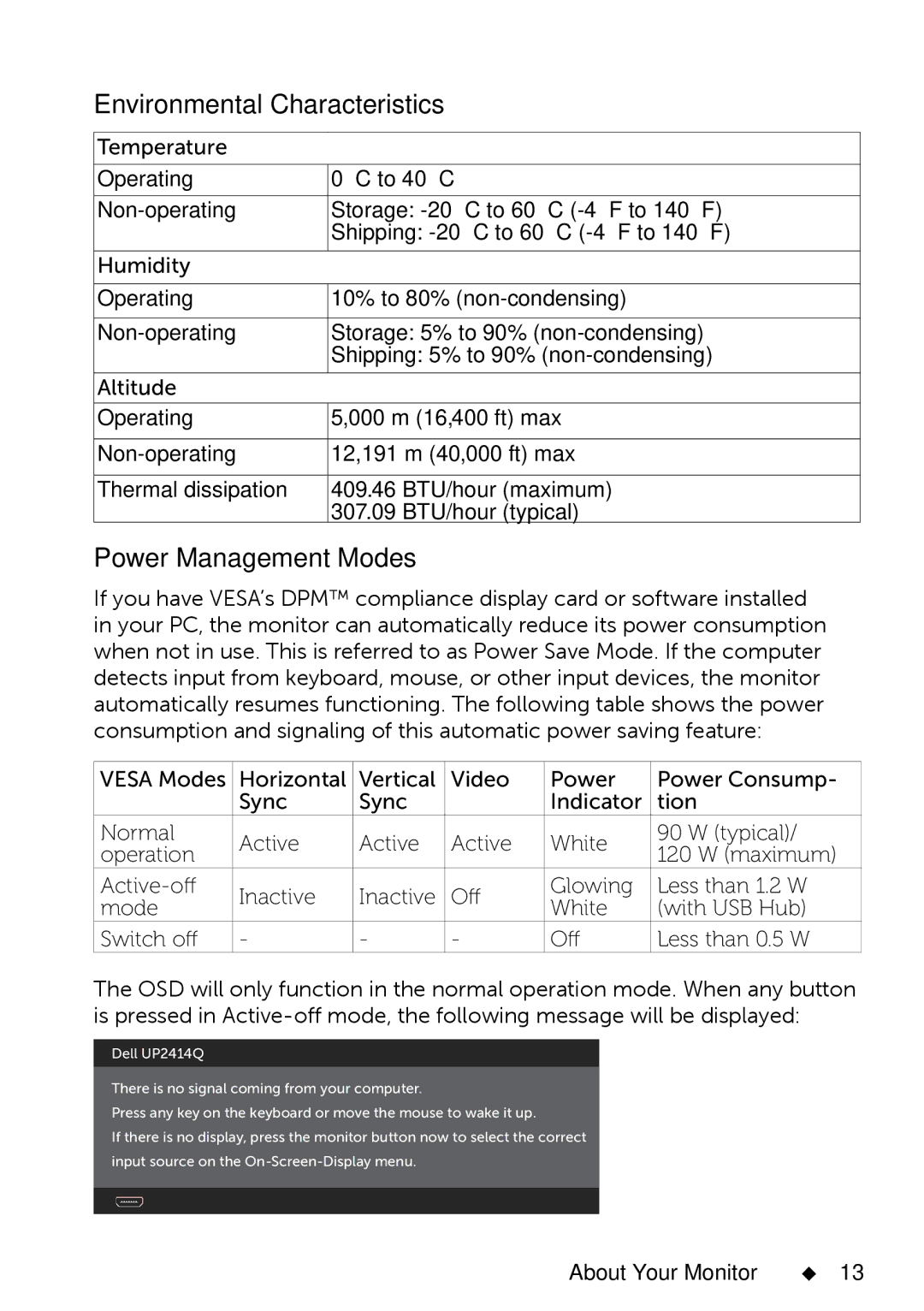 Dell UP2414Q manual Environmental Characteristics, Power Management Modes 