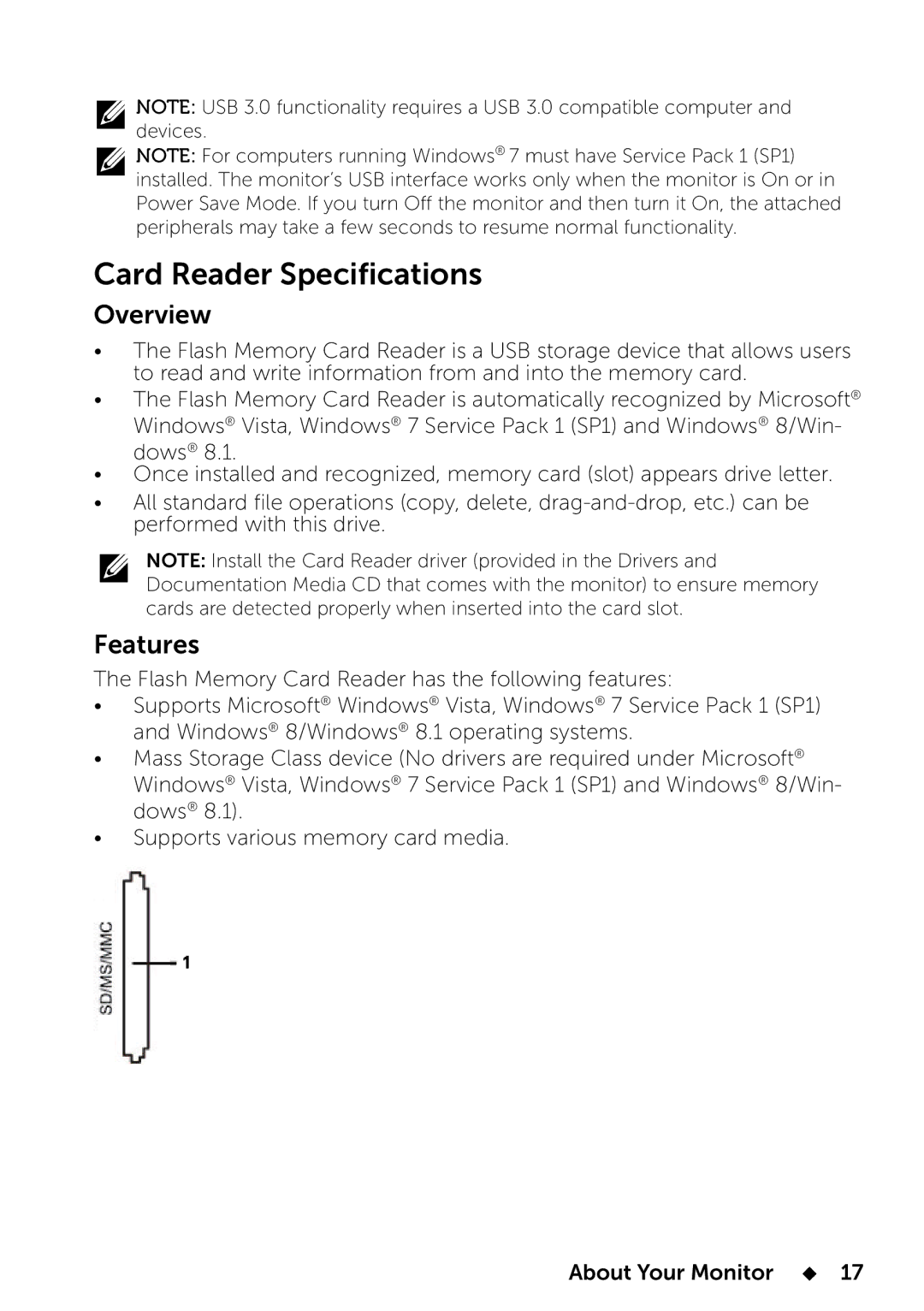 Dell UP2414Q manual Card Reader Specifications, Overview, Features 