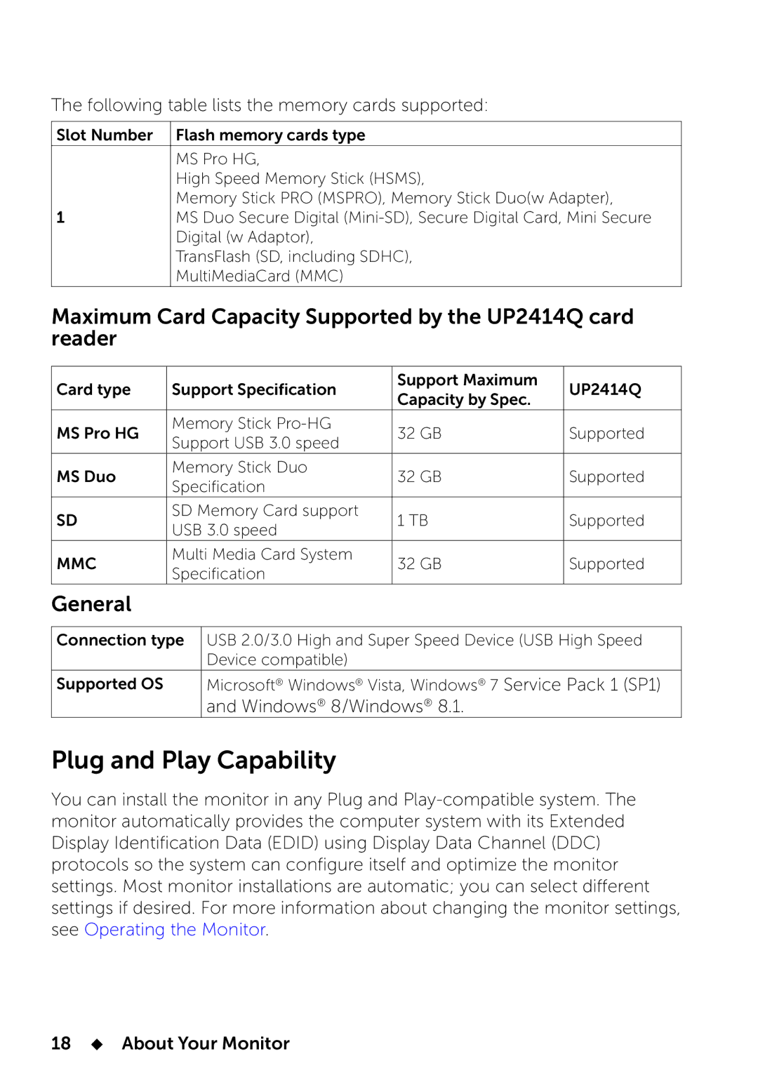 Dell manual Plug and Play Capability, Maximum Card Capacity Supported by the UP2414Q card reader, General 