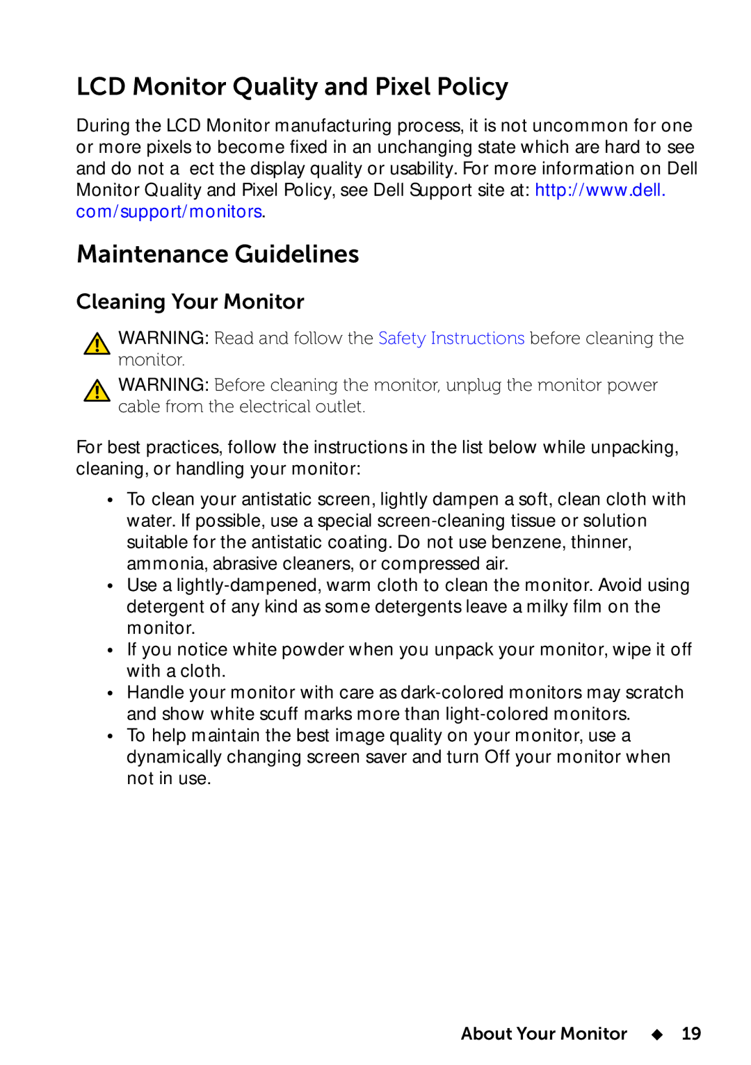 Dell UP2414Q manual LCD Monitor Quality and Pixel Policy Maintenance Guidelines, Cleaning Your Monitor 