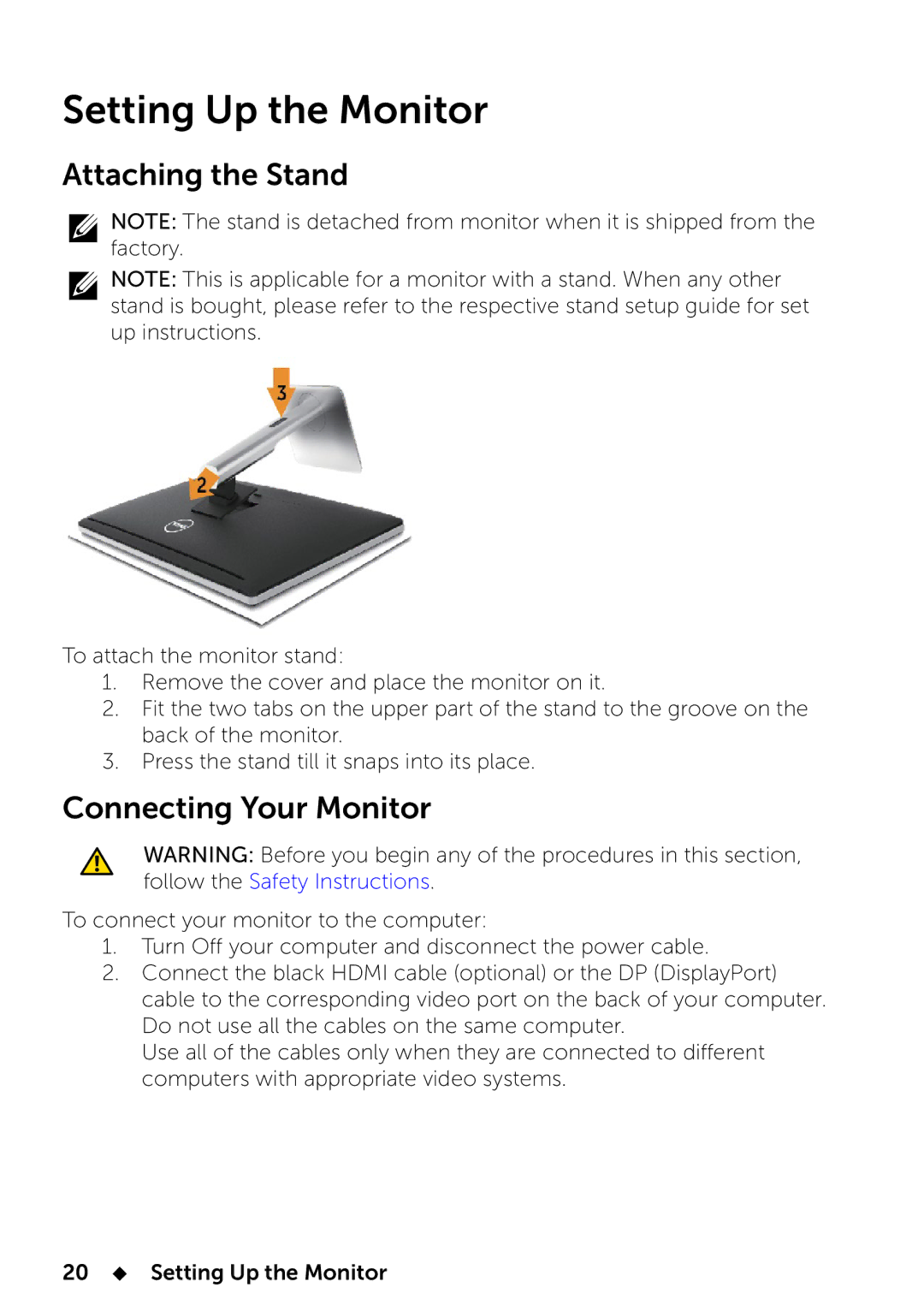 Dell UP2414Q manual Attaching the Stand, Connecting Your Monitor 