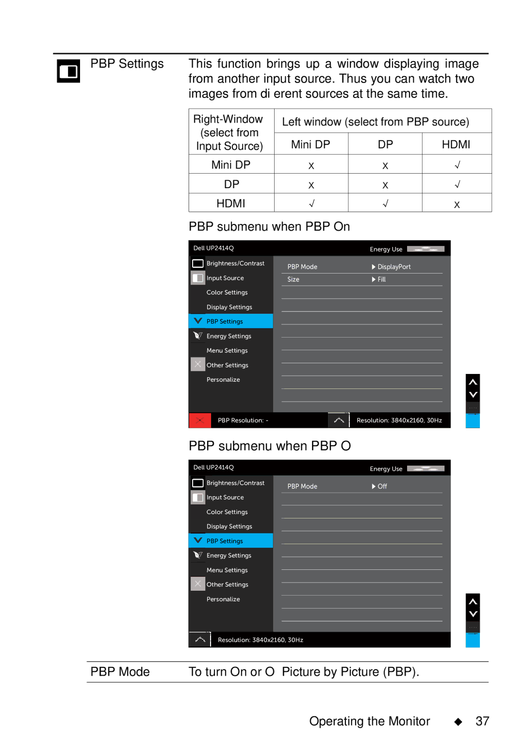 Dell UP2414Q manual PBP submenu when PBP Off 