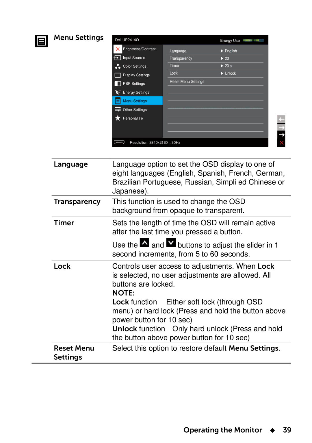 Dell UP2414Q manual Menu Settings 