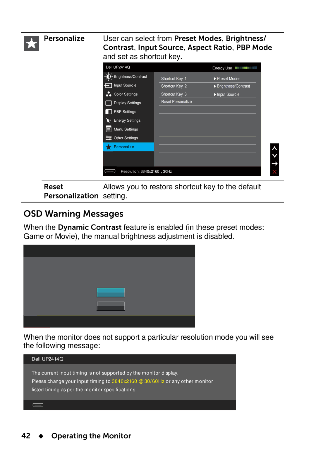 Dell UP2414Q manual OSD Warning Messages 