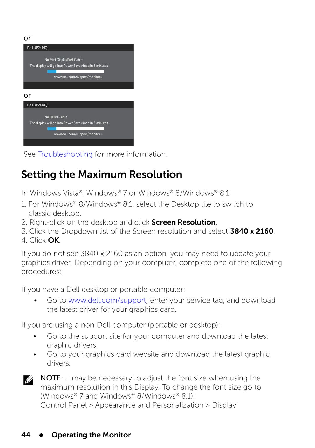 Dell UP2414Q manual Setting the Maximum Resolution 