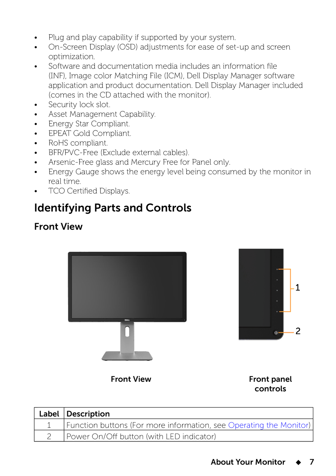 Dell UP2414Q manual Identifying Parts and Controls, Front View 