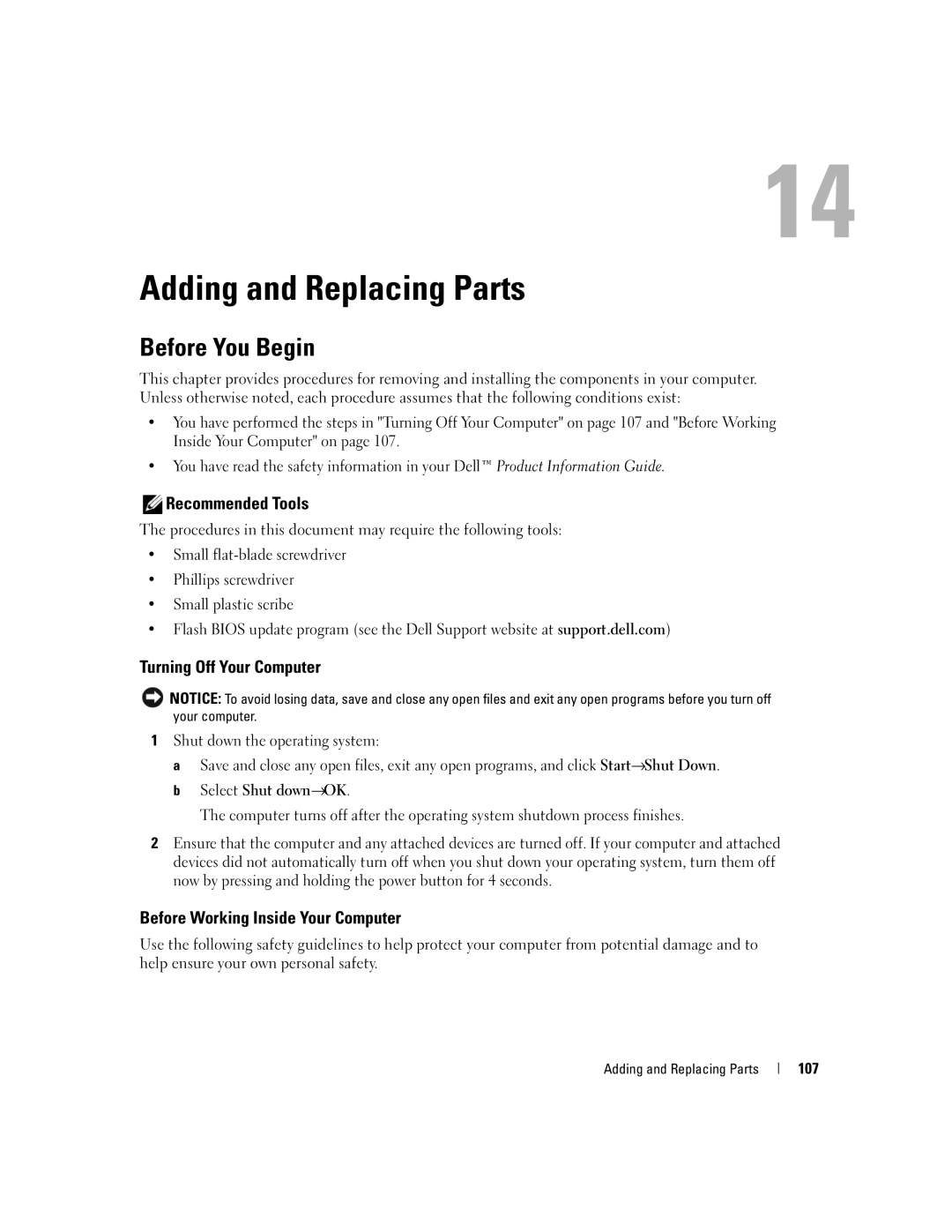 Dell UY691 manual Adding and Replacing Parts, Before You Begin, Recommended Tools, Turning Off Your Computer 