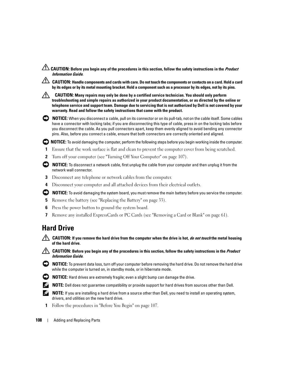 Dell UY691 manual Hard Drive, Follow the procedures in Before You Begin on 108 