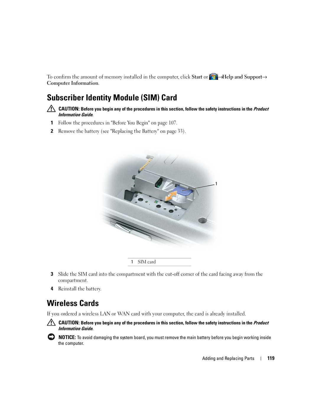 Dell UY691 manual Subscriber Identity Module SIM Card, Wireless Cards, 119 